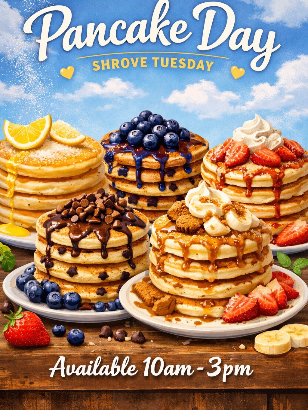 🥞✨ Pancake Day – Shrove Tuesday ✨🥞
Tomorrow we’re celebrating Pancake Day and we’ll be serving our pancakes from 10am – 3pm 🕙
All pancakes are made fresh to order, so they’ll be lovely and fresh 👩🍳 There may be a tiny wait, but we promise they’re worth it!
We’ll have both regular and vegan pancakes available 🌱
If you’d like honey & cream on your pancakes 🍯 we can do that — and for our vegan customers, we offer maple syrup & cream instead 🍁
Flavours:
🍋 Plain with Lemon & Sugar – £5.95
🫐 Blueberry – £6.25
🍫 Chocolate Chip – £6.25
🍓 Strawberries & Cream – £6.95
🍌 Banana Biscoff – £6.95
👧 Children’s portions available – £3.95
Come and treat yourself… it is Pancake Day after all! 🥞✨