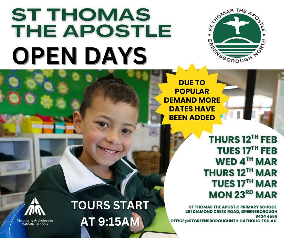 🎉 Great News! More Open Day & School Tour Dates Added! 🎉
Due to high demand, we’ve opened up additional dates for our Open Days and School Tours! 🌟
If you’ve been wanting to visit our school, meet our staff, and see our learning spaces in action — now’s your chance.
👉 Click the link below to book your spot:
https://www.stgreensboroughnth.catholic.edu.au/bookatour
We can’t wait to welcome you! 💛🏫✨
#openday #schooltours #booknow #catholiceducationmelbourne #melbournearchdiocesecatholicschools