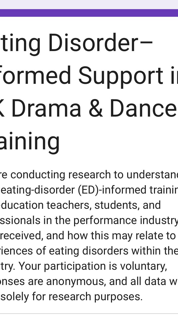 Link to participate is in our bio 🤍
We are conducting research to understand what eating-disorder (ED)-informed training and education teachers, students, and professionals in the performance industry have received, and how this may relate to experiences of eating disorders within the industry. Your participation is voluntary, responses are anonymous, and all data will be used solely for research purposes.