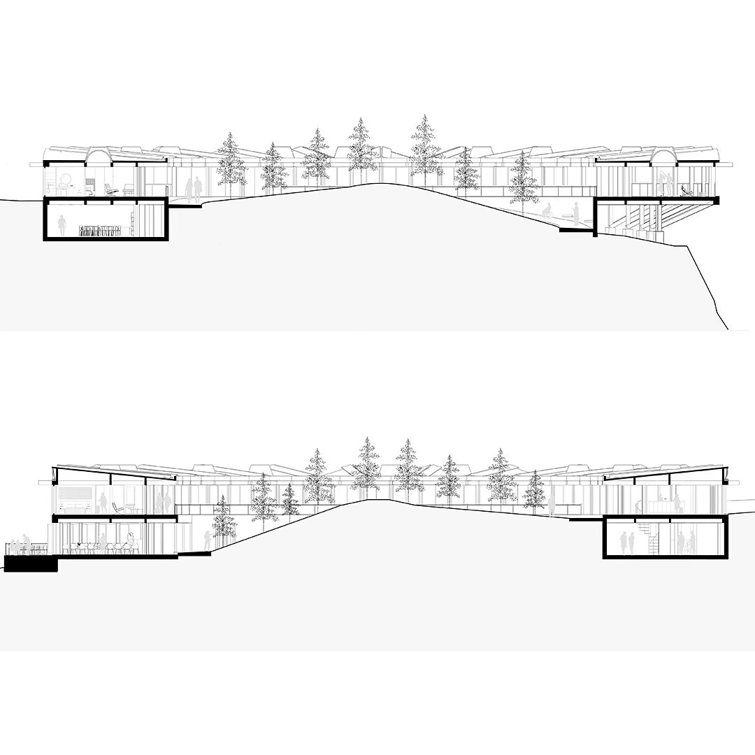 Project 3
Eco Hotel Catalonia
Named after the Tavertet living Catalonian philosopher, Raimon Panikkar (1918-2010). The Raimon Panikkar Hotel design follows this philosophers ideas around the interconnection between nature and humanity, rather than commercially exploiting the site with a human-centric, solely view-oriented volume. The hotel places nature at its center and raises environmental awareness among visitors.
Built with local granite and wood/clt in a strict 3m grid alone, the construction is completely prefabricated in elements; lowering construction effort and environmental impact.
The granite walls carve out of the mountain and are topped with a light wooden construction that reflects the surrounding nature where the trees grow out of the cliffs. A site visit showed a natural spectacle, defining the genius loci.
Due to the climatic conditions of the Pre-Pyrenees in combination with the Panta de Sau, intense morning fog develops.
A low-tech design with fog collectors and solar chimneys can harvest the fog and create natural ventilation. The naturally collected water and the solar panels on the roof allow the hotel to function primarily self-sufficient.
Beneficial impact on the local community, the hotel creates jobs for regional employees. Guests can stay for a few hours or several weeks and enjoy the local cuisine, relax in the spa, visit workshops for sustainable tourism and species protection, and above all reconnect with nature.
#architecture #architect #sections #architectural #floorplans #hoteldesign #masterthesis #circle #bestnewarchitects #modelarchitecture #potd #new #realestate #design #designhotel #larsenliverpool #architecturecompetition #woodarchitecture #ecofriendly #newpost #architecturelovers #studentwork #archiporn #archigram #hotel #newartist #arquitectura #arch #discover #architecture_hunter