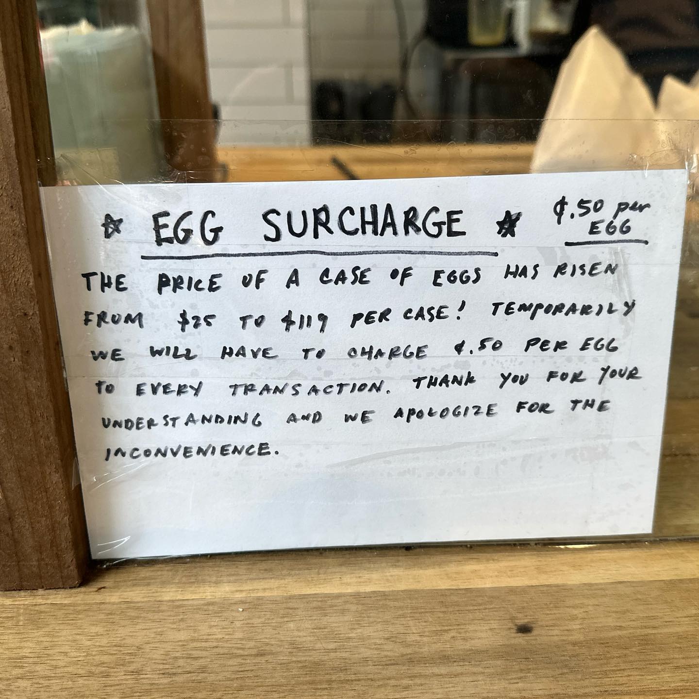Just letting everyone know about our new egg surcharge. We can’t bear the brunt of the insane cost of eggs right now. Our apologies but hopefully it’s only temporary. 🙏 🙏 🙏