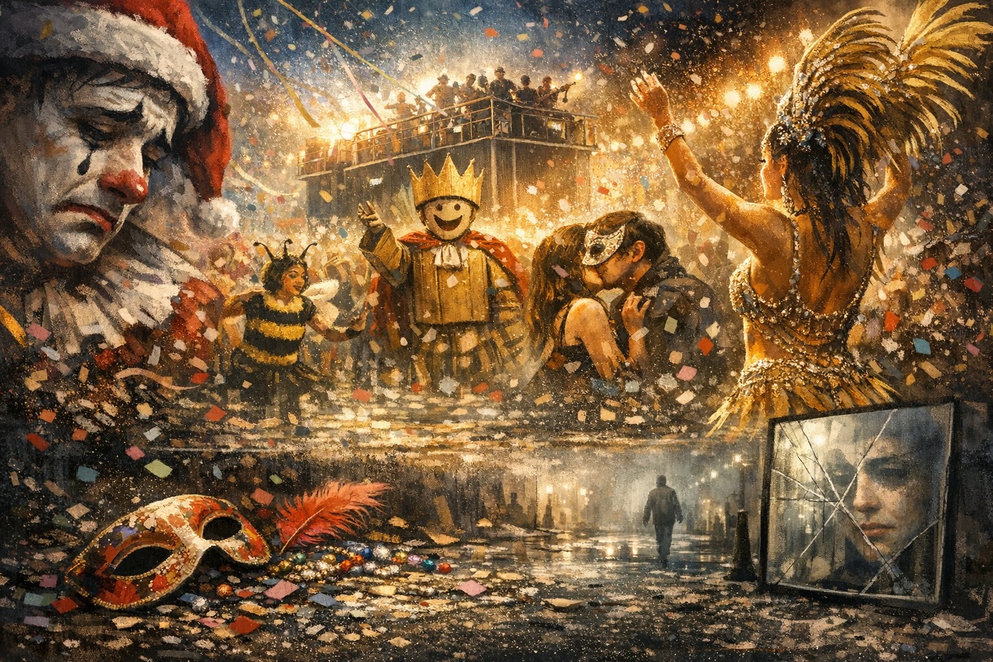 CARNAVAL
A fantasia veste o corpo
e despe a alma
A fantasia é a nudez
dos que não ousam ser
A multidão aplaude o absurdo:
o rei de papelão
a abelha sem flor
o palhaço que chora
por dentro da tinta
Não há pecado
nesta treva luminosa
Só há a ânsia
de ser outro
de ser todos
de ser ninguém
O beijo não tem nome
a carne não tem dono
o corpo é uma pergunta
sem resposta
Depois
o silêncio
que o trio elétrico
não levou embora
Na quarta
o espelho devolve
o rosto que a gente
escondeu
e a vida
tem gosto de cinza
e confete
pisado no asfalto.
#poesia #poesiabrasileira #trabalhoautoral
#arteempalavras #poem