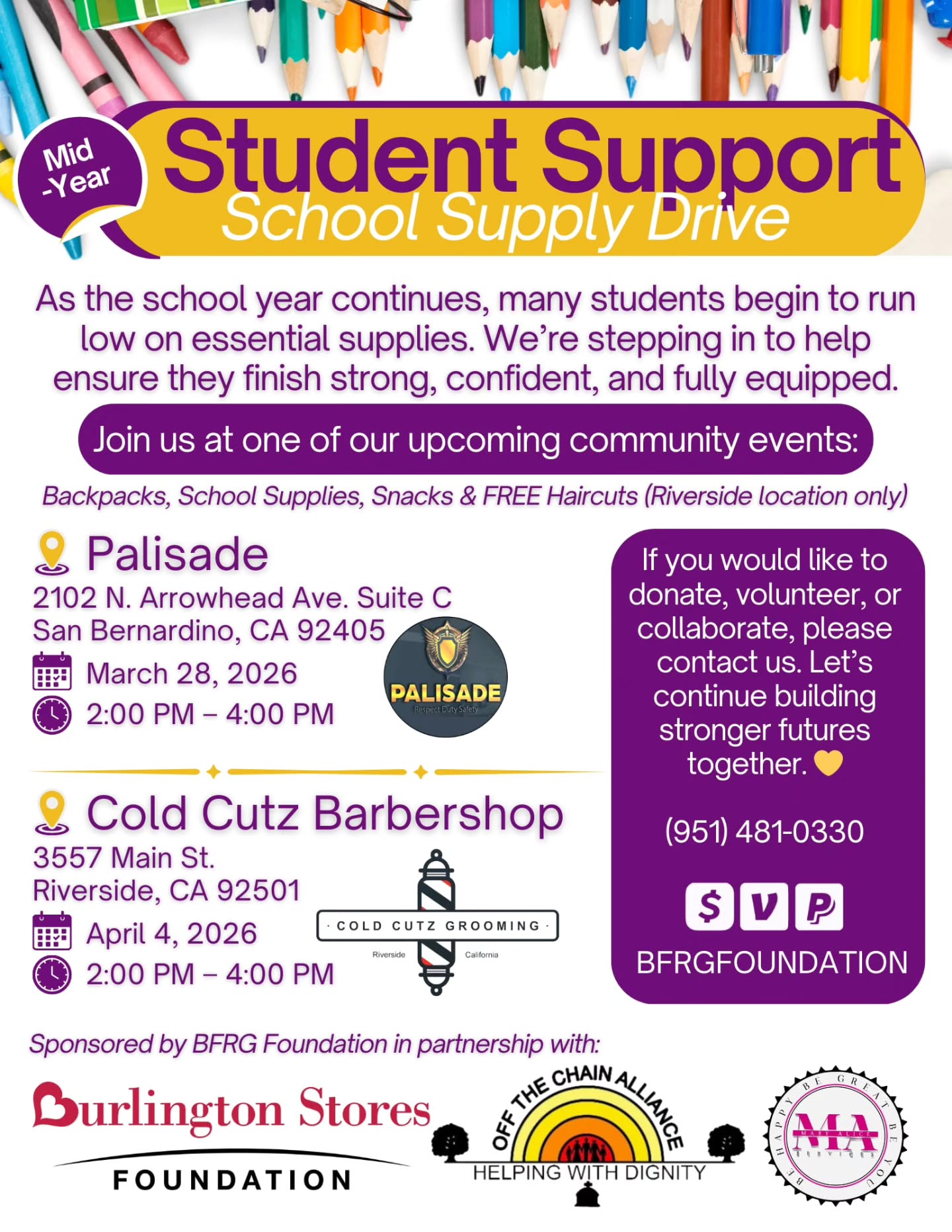 🎒📚 Mid-Year Student Support School Supply Drive 📚🎒
As the school year continues, many students begin to run low on essential supplies. We’re stepping in to help ensure they finish strong, confident, and fully equipped.
Join us at one of our upcoming community events!
🎒 Backpacks
📚 School Supplies
🥨 Snacks
✂️ FREE Haircuts (Riverside location only)
This event is open to the community while supplies last. Our mission is to relieve the financial pressure families feel during the school year and to make sure students have what they need to stay focused and succeed.
#SchoolSupplyDrive #CommunityMatters #SanBernardino #Riverside #SupportOurStudents @palisadedefensegroup @coldlabelstudio @offthechainalliance @maservices2015 @burlingtonstores