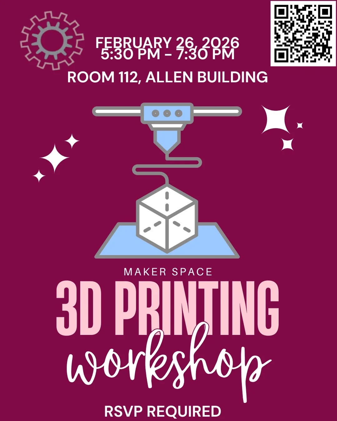 WOMEN will be hosting a 3D Printing Workshop on February 26 at the Maker Space, a student-driven fabrication shop with capabilities ranging from 3D printing to CNC machining.
📅 February 26
📌 Room 112, Allen Building
⏰ 5:30 PM – 7:30 PM
RSVP to save your spot as spaces are extremely limited! WOMEN will be hosting more workshops if there is strong interest. Emails will be sent out once you have registered.