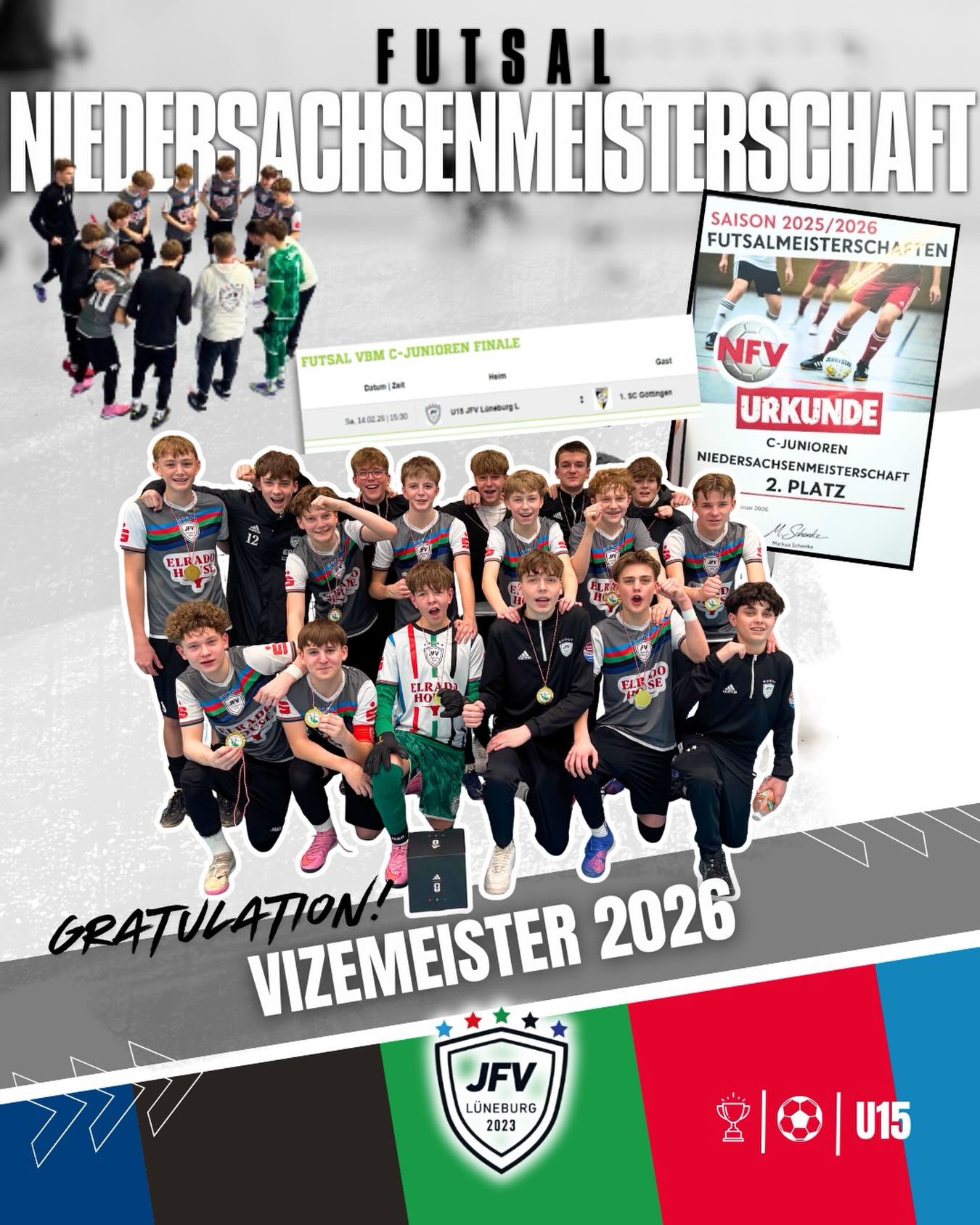 Unser Jahrgang 2011 hatte sich durch den Bezirksmeistertitel Lüneburg für die Landesmeisterschaft qualifiziert und machte sich am 14.02.2026 mit voller Vorfreude auf den Weg nach Sassenburg/Gifhorn.
Doch unsere U15 überzeugte direkt in der Vorrunde 💪
Mit 7 Punkten aus drei Spielen zog das Team als Tabellenzweiter ins Halbfinale ein.
Dort wartete ein echter Brocken: TSV Havelse – der Titelfavorit.
Schnell gerieten wir mit 0:1 in Rückstand. Viele in der Halle rechneten bereits mit dem erwarteten Ausgang.
Aber unsere Jungs zeigten beeindruckende Moral!
Mit technischer Klasse, großem Kampfgeist und purem Willen drehten sie das Spiel und gewannen am Ende souverän mit 3:1 – und das trotz zweier verletzungsbedingter Ausfälle. 🔥
Damit war nicht nur das Finale erreicht, sondern auch die Qualifikation für die norddeutsche Meisterschaft perfekt!
Im Endspiel gegen Göttingen 05 – gegen die man in der Vorrunde noch ein Unentschieden holte – fehlte am Ende etwas die letzte Energie, sodass das Spiel verloren ging.
Doch eines bleibt:
🥈 Vizemeister Niedersachsen 2026 – ein riesiger Erfolg für unsere U15!
Wir sind stolz auf euch, Jungs! 👏⚽