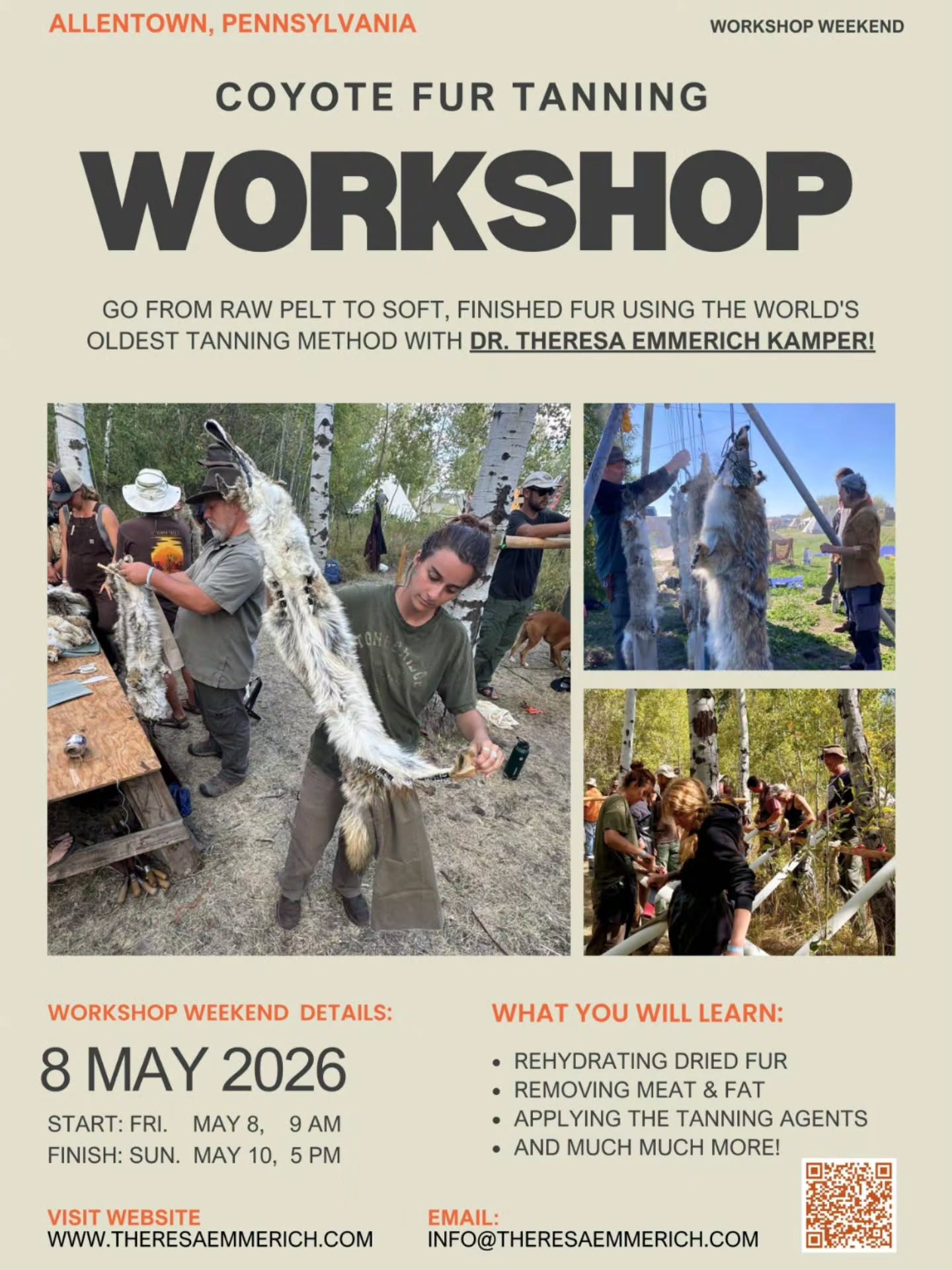 I’m so happy to announce that I’ll be in Allentown, Pennsylvania, from May 8 to May 10 for a coyote fur tanning course! 🦊
We’re going to spend three days diving into traditional techniques to turn raw pelts into soft, beautiful fur.
It’s always such a joy to share these ancestral skills and see the transformation happen right in front of us.
Visit my website for more info and registration. I’d love to see you there! 😊