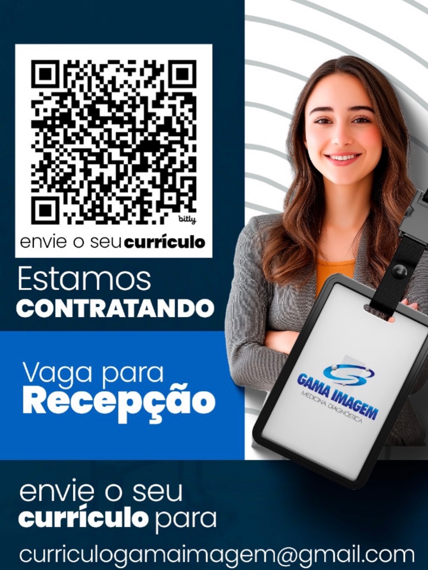 📢 VAGA PARA RECEPCIONISTA 🩺
Estamos em busca de um talento para integrar nossa equipe! Se você possui experiência na área de recepção, atenção aos detalhes e gosta de desafios, esta oportunidade é para você.
✅ Requisitos:
Experiência comprovada na área de recepção, atendimento ao público e digitação
📩 Envie seu currículo em PDF com foto para:
curriculogamaimagem@gmail.com
Venha fazer parte do nosso time! 🚀