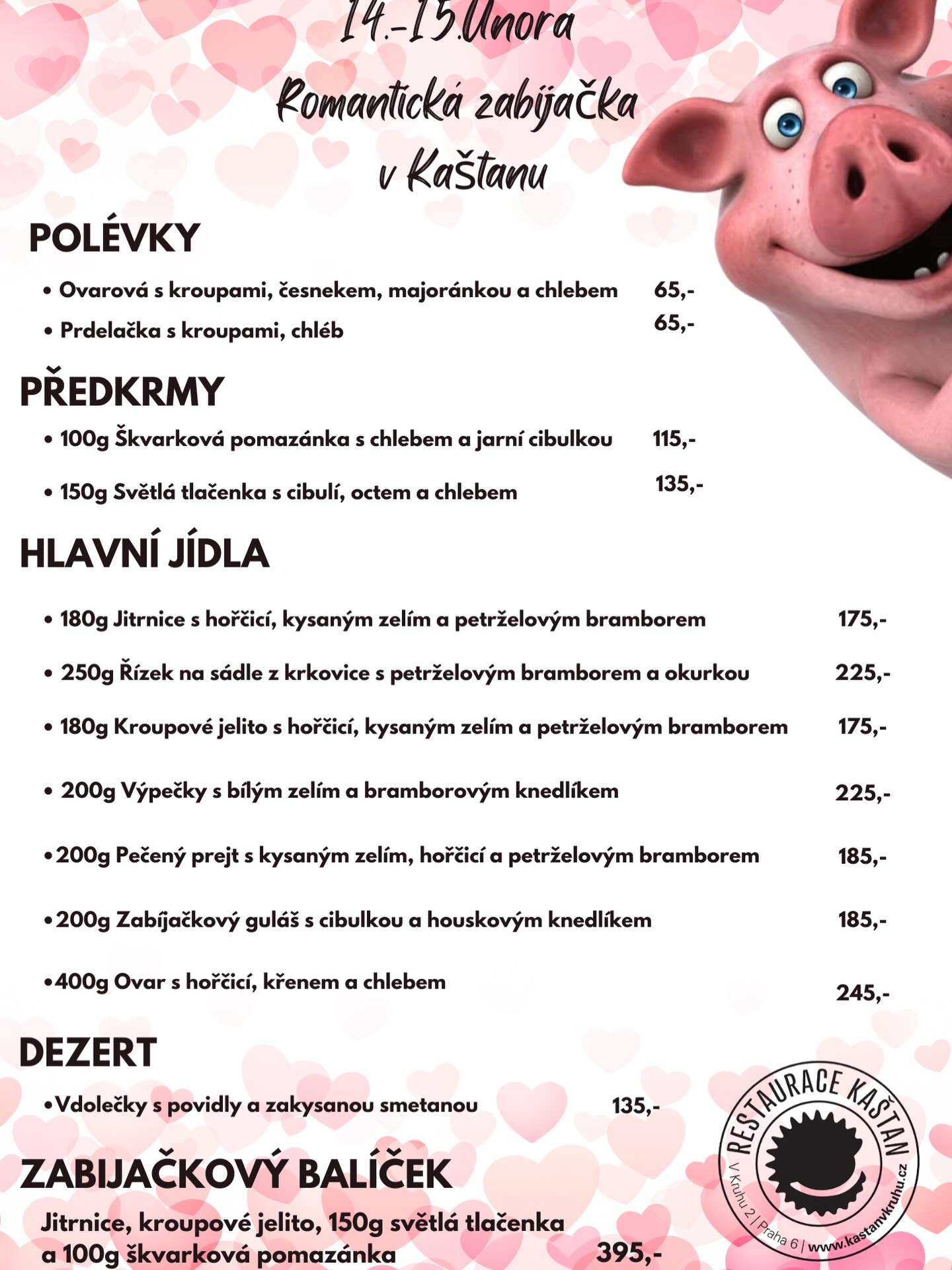 Víkend 14.–15. února patří romantické zabijačce v Kaštanu 🌰
Tradiční chutě, poctivé porce a vůně, která zahřeje víc než svíčky.
Jitrnice, jelita, prejt, výpečky, ovar i zabijačkový guláš…
A sladká tečka? Vdolečky s povidly a zakysanou smetanou.
Přijďte si užít víkend plný tradice, chuti a dobré nálady.
Láska prochází žaludkem ❤️