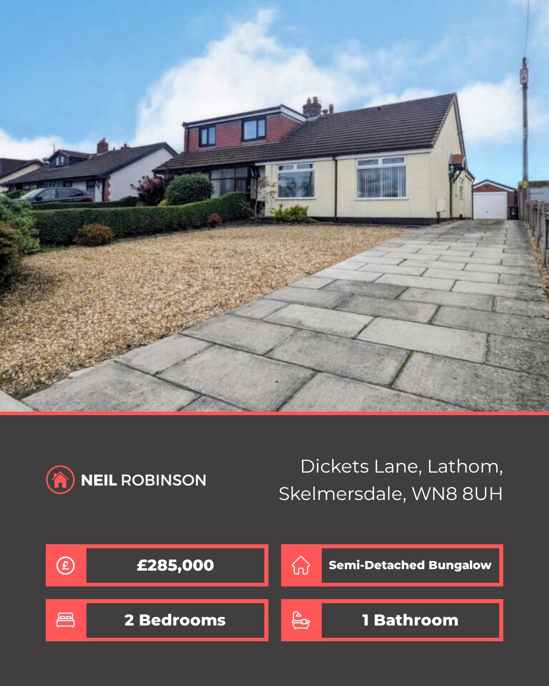 ✨ Featured Property For Sale ✨
📍 Dickets Lane, Lathom, Skelmersdale, WN8 8UH
🏠 2 Bedroom, Semi-Detached Bungalow. £285,000
Extended two bedroom semi-detached bungalow available for sale in the highly sought after residential area of Dickets Lane situated in Lathom.
◾ Highly Desirable Location
◾ Extended Bungalow
◾ Spacious Lounge & Dining Area
◾ Modern Fitted Kitchen
◾ Modern Fitted Bathroom
◾ Two Double Bedrooms
◾ Front & Rear Gardens
◾ Large Driveway & Detached Garage
◾ Stunning Country Views
◾ No Chain!
For more information please visit our website or contact us via:
📍 | Skelmersdale Office
📞 | 01695 355110
🌎 | www.neilrobinson.co.uk
