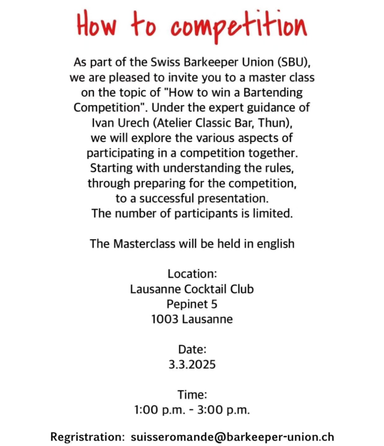 How to competition Masterclass by @ivan_urech
Great news for Swiss Romande, Ivan Urech from @atelier_classic_bar Thun will come to the @lausanne.cocktail.club for a masterclass dedicated to the key points of : how to win a cocktail competition !
Ivan has a strong experience in cocktail competitions on national and international scenes and will share his knowledge and tips to help improve the bartenders' community to increase their potential on stage.
Date : 3.3.2025
Time : 1pm till 3pm
Registration: suisseromande@barkeeper-union.ch