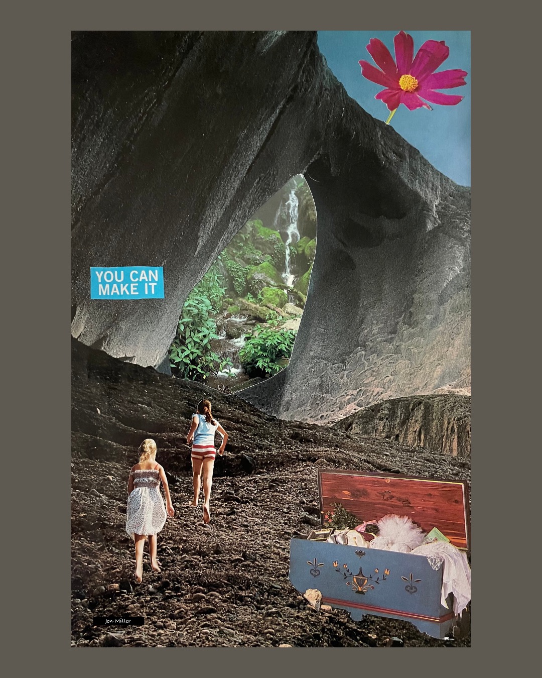 It has been a while since I've worked with collage, but I've gotten inspired lately. (I love surrealism. Life is absurd, and art should reflect the absurdity, imo).
With this one, I knew I wanted the girls running through the archway toward a waterfall, a symbol of paradise or a new world. I wasn't sure what they would be running away from until I saw this old ad for a Lane hope chest. An ideal image to represent the patriarchal expectations that chained their mothers. It even has the wedding dress on top just waiting for them.
(In the South, a girl's hope chest is a big deal. They start putting things in it from the time you are born, usually things that represent what THEY want for you, things tied to marriage, motherhood, and tradition. It's entirely THEIR hopes, not necessarily yours. They don't even wait to see what YOU might hope for—they assume you will want all the same things. Going against all of that takes courage and moxie, believe me).
So this is about a girl choosing for herself. It's about running toward a dream that SHE wants. It's about a new world rising, represented by the flower in the upper right corner. I believe these girls CAN make it, whatever path they take, and we will help them. We owe them that much.
–Jen Miller
jenmillerpoetry.com
#collage #feministart #runningupthathill #surrealism #surrealcollage