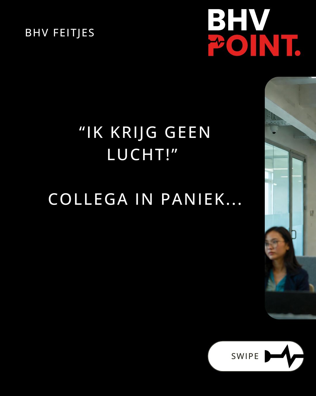 Collega zit ineens te hijgen alsof-ie sterft.
“IK KRIJG GEEN LUCHT!”
Handen tintelen. Ogen paniek. Dit kan hyperventilatie zijn. En als je het verkeerd aanpakt…maak je het alleen maar erger.
Het verschil maak je tussen paniek en rust!
#veiligheid #safetyfirst #bedrijfshulpverlening #BHV ehbo