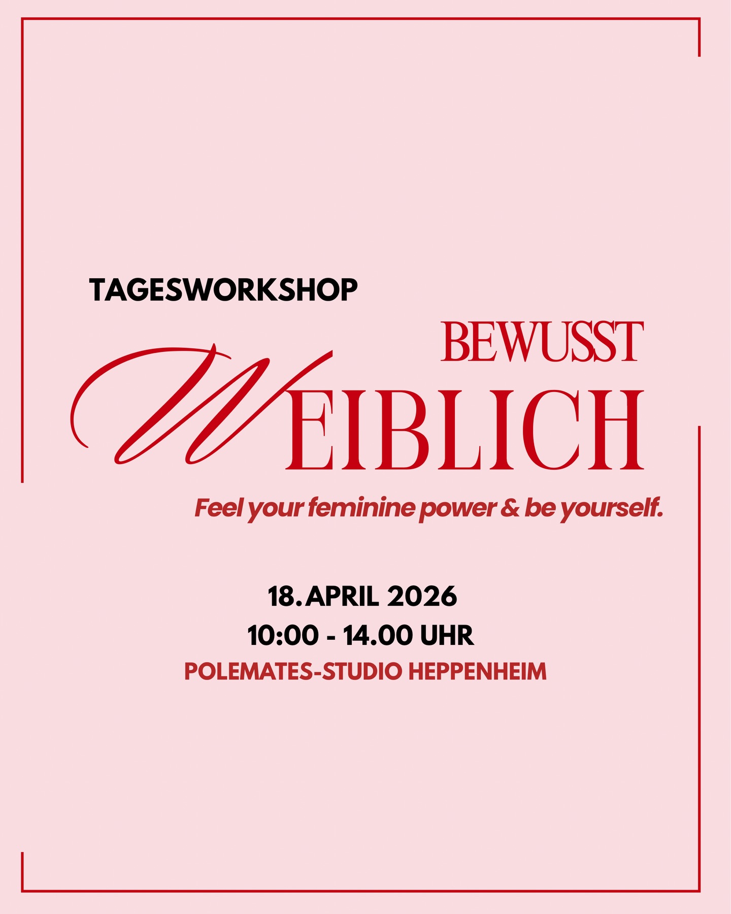 „Bewusst Weiblich“ - ein Tagesworkshop, der die innere Haltung, das Selbstbewusstsein, das Körpergefühl und die innere Stärke durch bewusste Körper- und Mindset-Arbeit miteinander verbindet.
In einem geschützten Raum begleiten wir, drei Trainerinnen, Euch als Teilnehmerinnen durch eine Kombination aus Embodiment & Female Dance, Coaching-basierter Bewusstseinsarbeit und Sensual Pole Flow.
Ziel ist es, Weiblichkeit jenseits von Klischees zu erleben, den eigenen Selbstwert zu stärken und Sinnlichkeit sowie Körperbewusstsein zu vertiefen.
Keine Vorkenntnisse notwendig.
Details:
📅 18. April 2026
⏰10:00-14:00 Uhr
📍Polemates Studio Heppenheim
Für mehr Infos zu dem Workshop schreibt gerne ein Kommentar oder eine DM 💁♀️ Wir lassen den Link zum Workshop zukommen 🤗
#heppenheim #bensheim #lorsch #zwingenberg #kursefürfrauen