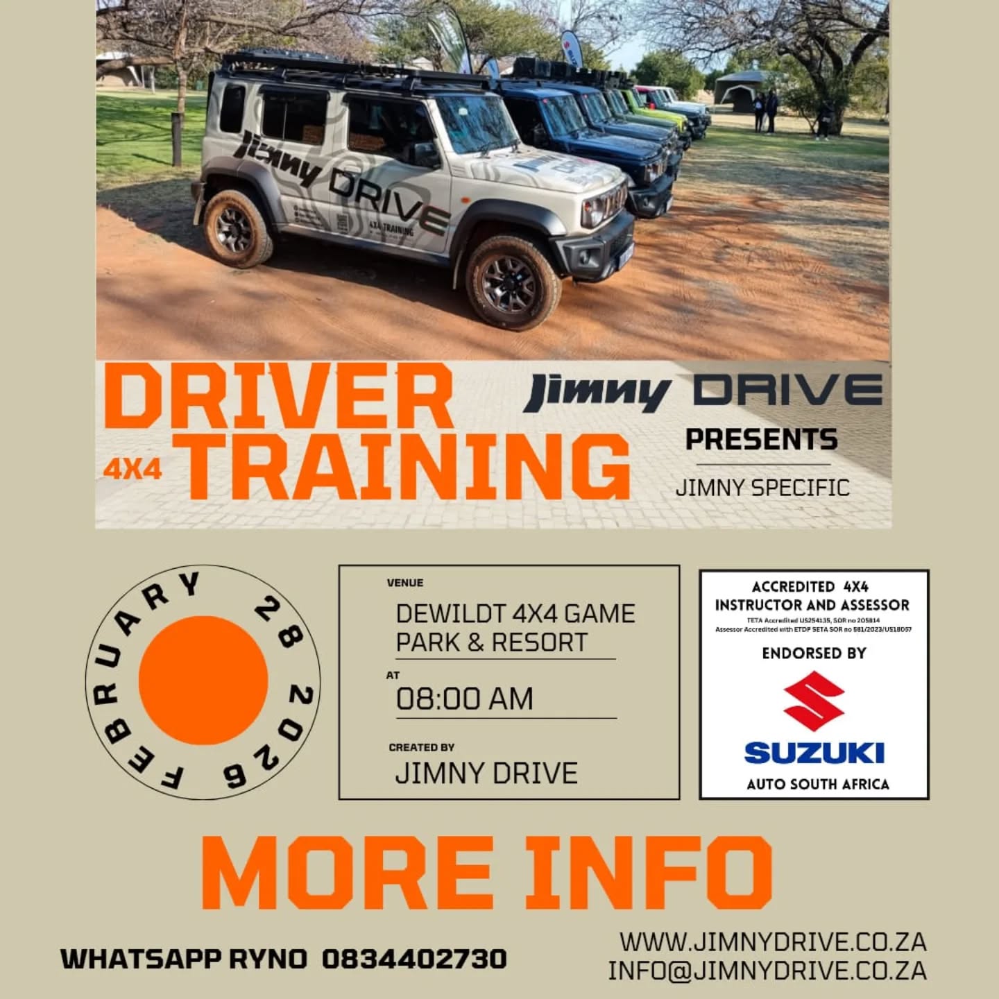JimnyDRIVE L1 4x4 Course! Join us on 28 February 2026 at De Wildt 4x4 Game Park close to Harties for an unforgettable experience.
Master your Jimny with our Suzuki SA-endorsed L1 4x4 course.
For more information, reach out to Ryno via WhatsApp 083 440 2730 or info@jimnydrive.co.za.
#suzuki_za #jimny4x4 #dewildt4x4 #rollingryno