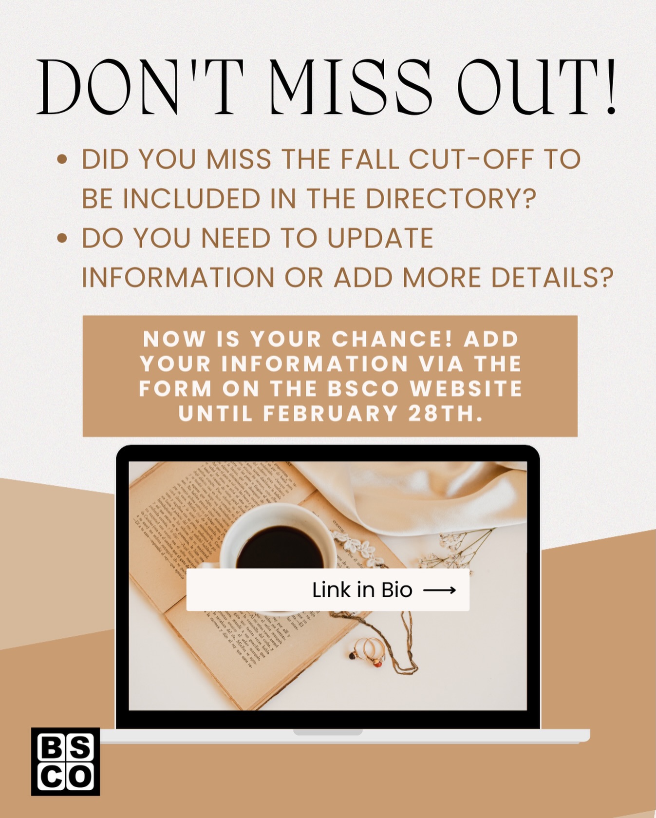 📣Directory call, round 2! 📣 Did you miss adding yourself to the student directory in the fall? Do you need to update information? Now is your chance! Go to bonnyslopebsco.org and scroll down to the directory inclusion form - available until February 28!