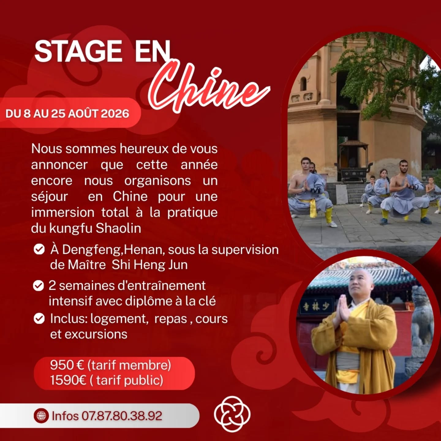 Here we go again!!!
Très bonne nouvelle!! Nous organisons cette année encore un stage de kungfu shaolin en chine!!!
2 semaines d'entraînement intensif , une experience unique qui change une vie.
Places limitées
Réservez votre place au plus vite
Préparez-vous, ça va être exceptionnel !
#thewayofshaolin.fr
#shaolin
#chinesetrip
#shaolinkungfu