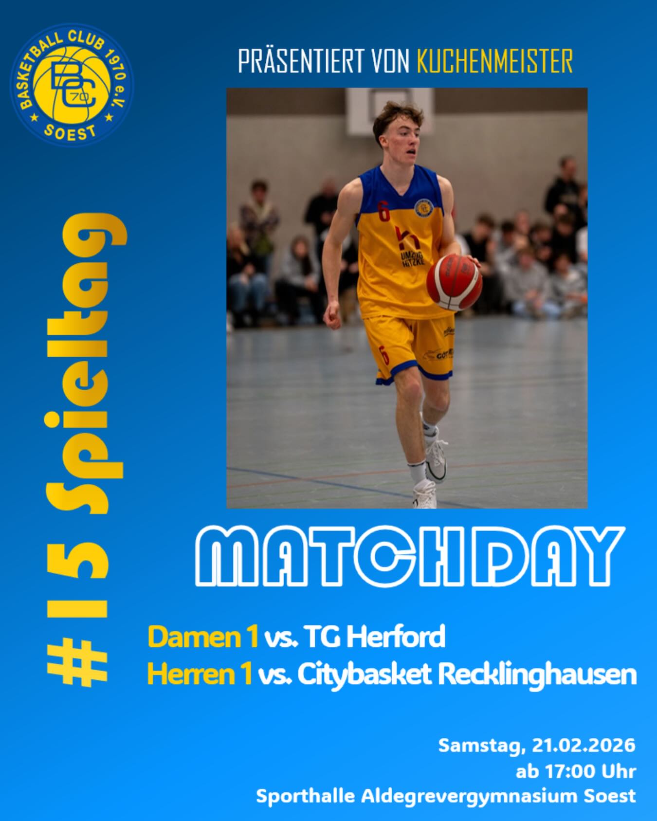 🏀🔥 DOPPEL-HEIMSPIELTAG IN SOEST! 🔥🏀
Basketball-Samstag mit gleich zwei echten Topspielen in der Halle – Spannung garantiert!
1. Damen vs. TG Herford
3️⃣ vs. 4️⃣ – wir gehen als Tabellendritter ins Rennen!
Ein direktes Duell um die Spitzenplätze, bei dem wir ein klares Zeichen setzen wollen 💪🏼🔥
1. Herren vs. Citybasket Recklinghausen
Im Anschluss wartet ein echtes Highlight:
Wir empfangen den Tabellenführer @citybasketre in unserer Alde-Halle.
Aus dem Hinspiel haben wir noch einiges gutzumachen – Zeit, zuhause eine Reaktion zu zeigen! 💥
📍 Sporthalle Aldegrevergymnasium Soest
🎟️ Seid dabei und unterstützt unsere Teams lautstark!
Zwei Spiele. Zwei Top-Duelle. Eine Halle.
Let’s go BC70! 🔵🟡
📸 @jan_shot_it