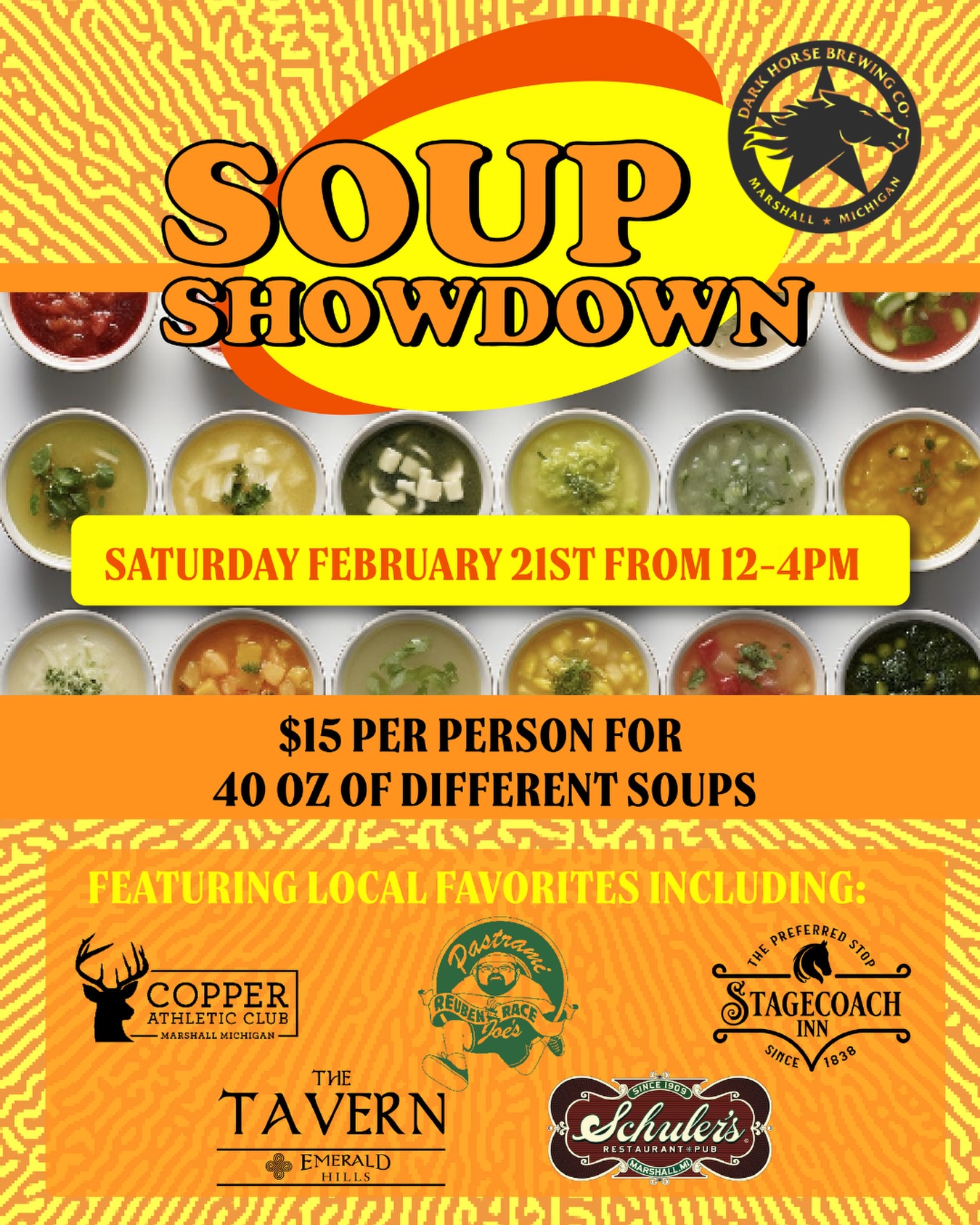 Soup season just turned competitive 🍲🔥
Join us at Dark Horse for our Soup Showdown on Saturday, February 21st from 12–4PM. For $15 per person, you’ll get 40 oz of different soups from some of Marshall’s local favorites — and yes, bragging rights are on the line.
Come hungry. Bring your friends. Cast your vote.
Let’s see who takes the title. 🏆
#DarkHorseBrewery #SoupShowdown #MarshallMI