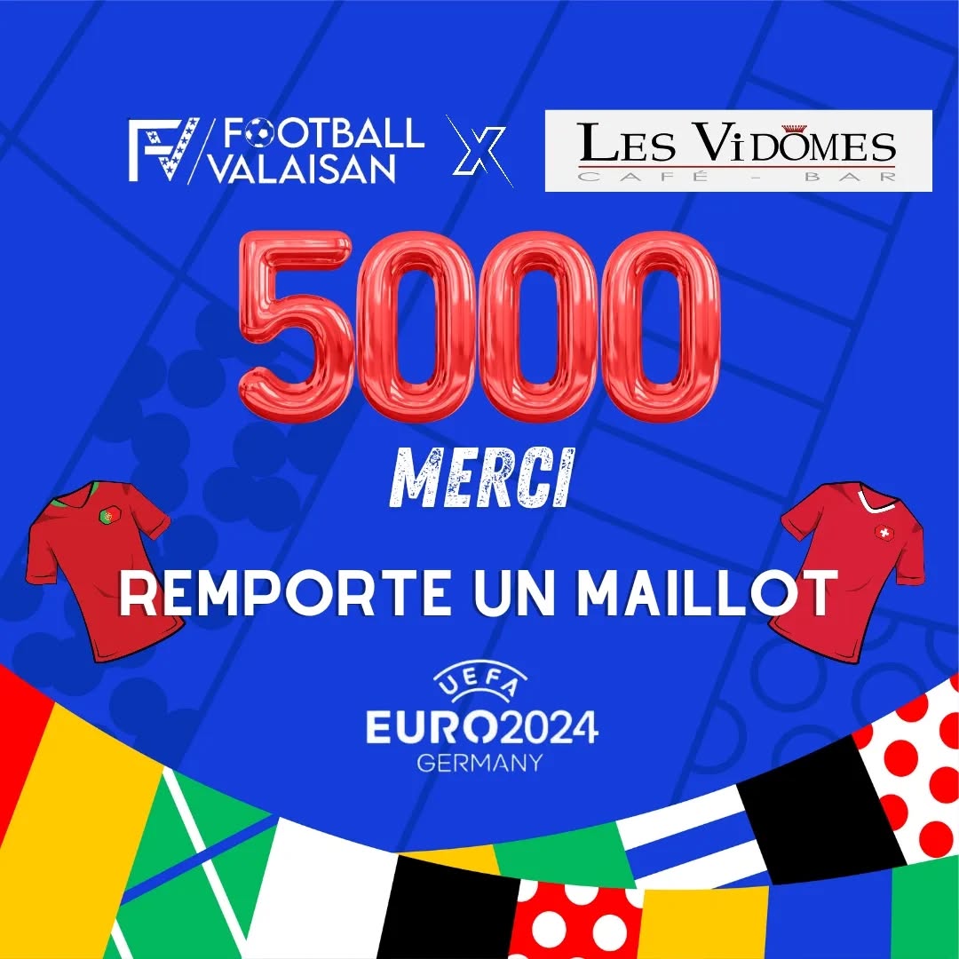 𝟓𝟎𝟎𝟎
Avec les Vidômes, nous célébrons le début de l'Euro 2024 et aussi les 5000 abonnés à FV.
Pour nous aider à bien célébrer, nous t'offrons la possibilité de gagner un maillot de l'euro de ton choix. Il y a aura aussi une paire de protège tibias @mmbrothersofficial et un ballon ⚽️ à gagner !
Pour participer :
- Aime la photo ❤️
- Follow @footballvalaisan et @lesvidomes 📱
- Tag tes ami(e)s en commentaire 🍻
Fin du concours le 14 juillet 2024 à minuit !
Bonne chance à tous ! 🍀
𝗔𝗯𝗼𝗻𝗻𝗲-𝘁𝗼𝗶 ➡️ @footballvalaisan ⬅️
𝗙𝗩 🔴⚪⚽
#footballvalaisan #foot #football #sport #soccer #fv #valaisan #valais #wallis #footamateur #futbol #plaisir #lovefootball #jogabonito #dimanchematin #sundayleague #ligueamateur #club #equipe #squad #giveaway #maillot #concours #euro2024 #lesvidomes