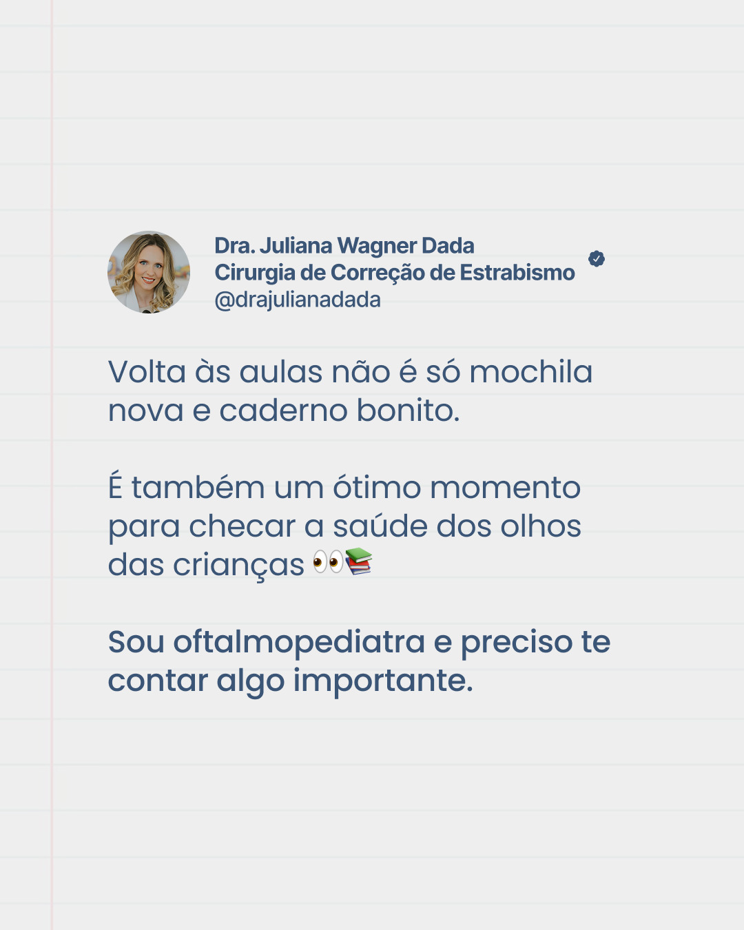 Volta às aulas também é sobre enxergar bem 👀📚
Dificuldade para aprender, dor de cabeça, irritação ou queda no rendimento podem ter relação com a visão.
Criança não sabe que enxerga mal, ela acha que todo mundo vê igual.
Avaliar os olhos no início do ano letivo é um cuidado com o aprendizado e com a autoestima 💙
Dra. Juliana Wagner Dada
Referência em Estrabismo adulto e infantil
Especialista em Oftalmologia Pediátrica
CRM39665
RQE35215
#estrabismo #saudeocular #oftalmopediatria