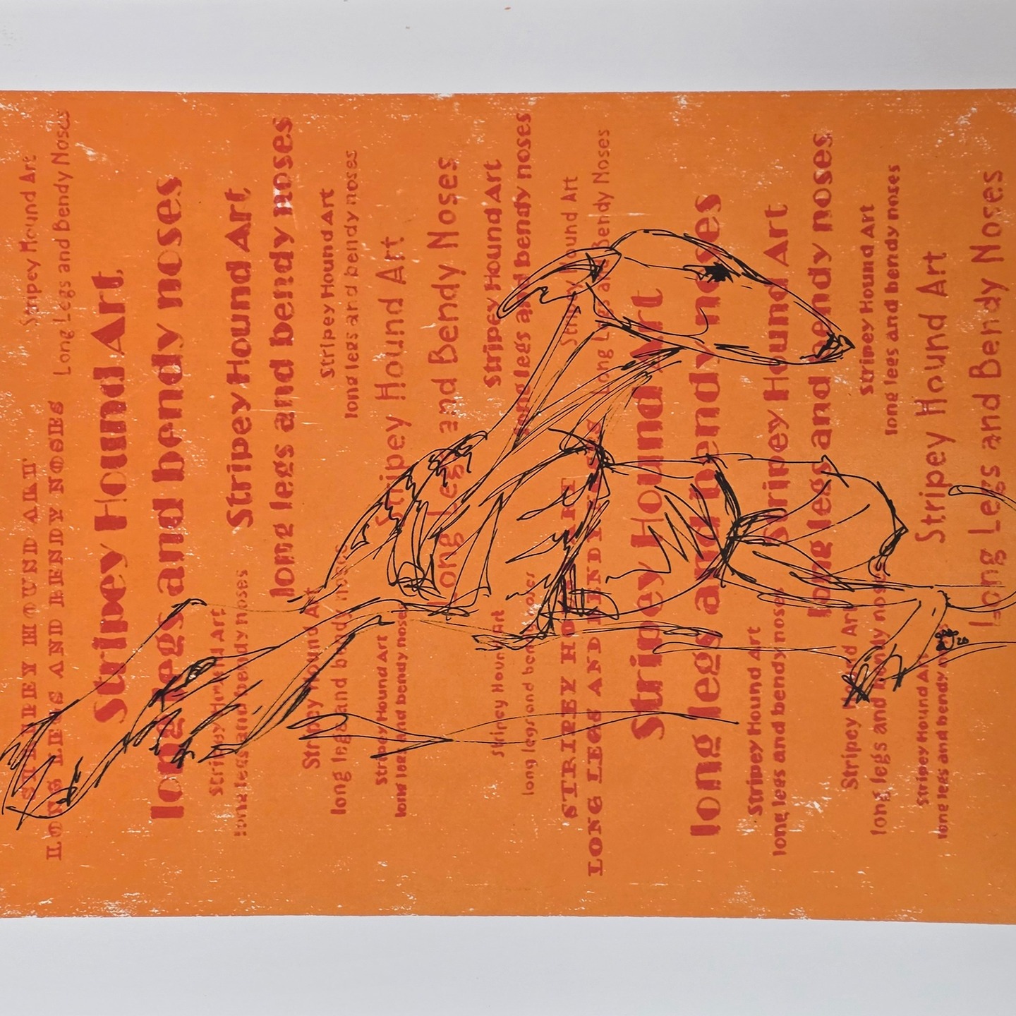 The Stripey Hound has been having fun in the screenprint room this week.
I have been learning, and practicing technique, including UV screen exposures, masks, drawing fluid and masking paste, soluble crayons and monoprinting.
It has been messy, physical, frustrating and finally, the light dawns!
Here we have the Stripey Hound in imperious repose, and looking speedy!
As usual with my work, there are gold touches for her royal highness.
#stripeyhoundart #galgoespagnol #rescuegalgo #screenprint #zoomies #aberystwythscoolofart #longlegsandbendynoses #uniorbust