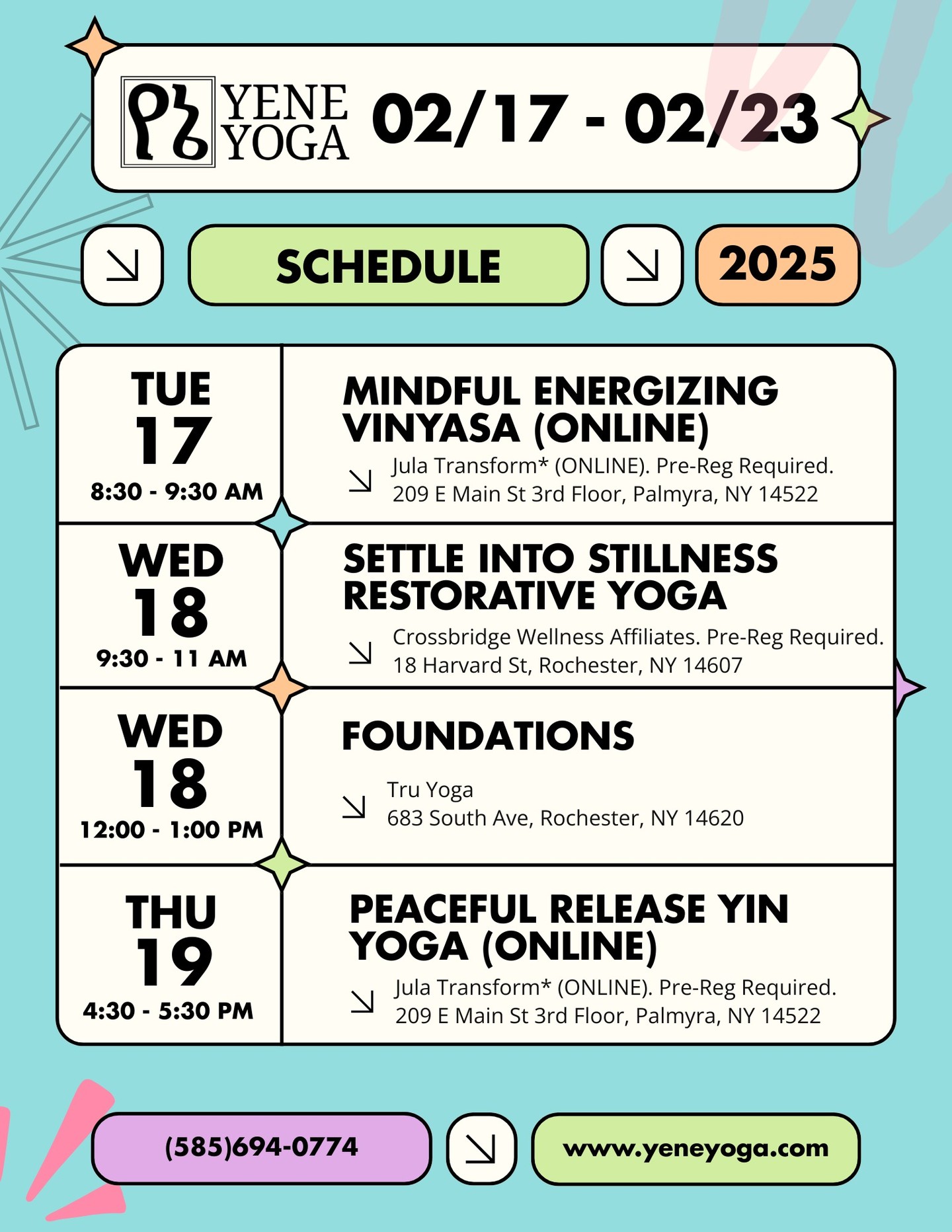 This week's newsletter is now live, discussing Maha Shivaratri, Consciousness, and the generative power of destruction:
https://www.yeneyoga.com/so/75PndMi4f?languageTag=en
📌EVENTS:
SATURDAY, 2/28 2:00 - 4:00 PM: Join me and @dancingdav for The Choreography of Flow: A Hatha Yoga Performance & Workshop w/ Live Music. $20/$30/$40 sliding scale pricing includes performance and participation in the workshop. Pre-registration is encouraged.
💃🏼Tuesday 02/17
🧘🏽Mindful Energizing Vinyasa (ONLINE ONLY)
8:30 - 9:30 AM EST
Jula Transform
Held ONLINE
$10 flat-rate
Please book at least 30 min* before. PRE-REG REQUIRED.
💃🏼Wednesday 02/18
🧘🏽Settle into Stillness Restorative Yoga
9:30 - 11:00 AM EST
Crossbridge Wellness Affiliates
18 Harvard St, Rochester, NY 14607
$10/$15/$20 Sliding Scale pricing. PRE-REG REQUIRED.
🧘🏽Foundations*
12:00 - 1:00 PM EST
Tru Yoga
683 South Ave, Rochester, NY 14620
$10/$15/$20 Sliding Scale pricing
*All Tru classes must be booked directly through Tru at www.truyogaroc.com
💃🏼Thursday 02/19
🧘🏽Peaceful Release Yin Yoga (ONLINE ONLY)
4:30 - 5:30 PM EST
Jula Transform
Held ONLINE
$10 flat-rate
Please book at least 30 min* before. PRE-REG REQUIRED.
🧘🏽Restorative Yoga for BIPOC & Allies*
7:30 - 8:45 PM EST
Tru Yoga
683 South Ave, Rochester, NY 14620
Pay-What-You-Can Community Class
*All Tru classes must be booked directly through Tru at www.truyogaroc.com
💃🏼Friday 02/20 - Saturday 02/21
NO PUBLIC CLASSES - PRIVATE SESSIONS AVAILABLE
💃🏼Sunday 02/22
🧘🏽Hatha Yoga Club (Available for UR Undergraduate Students)*
1:00 - 2:00 PM EST
University of Rochester
Leibner-Cooper Room, Goergen Athletic Center
720 Library Rd, Rochester, NY 14611
Free for UR Students. Sign up at https://ccc.rochester.edu/hathayoga/home/.
🧘🏽Reset & Reconnect Evening Vinyasa
5:30 - 6:30 PM EST
Crossbridge Wellness Affiliates
18 Harvard St, Rochester, NY 14607
$10/$15/$20 Sliding Scale pricing. PRE-REG REQUIRED.
💃🏼Monday 02/23
🧘🏽Vinyasa (SUBSTITUTE)*
6:30 - 7:30 AM EST
Tru Yoga
683 South Ave, Rochester, NY 14620
$10/$15/$20 Sliding Scale pricing
*All Tru classes must be booked directly through Tru at www.truyogaroc.com
#rochesteryoga #beginner #free
