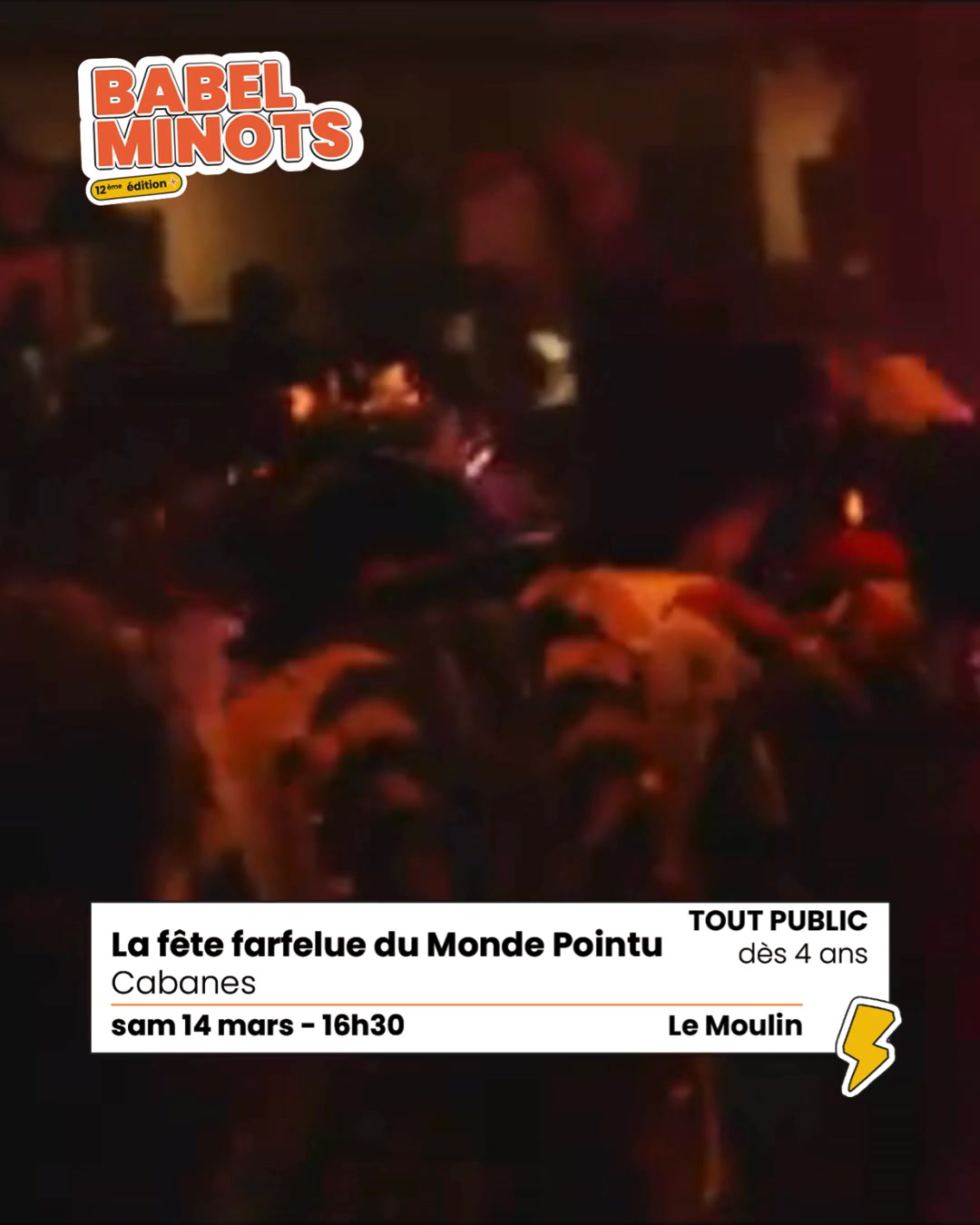 La fête farfelue du Monde Pointu 🥁
Cabanes
dès 04 ans
Après Ysée et la traversée du monde pointu, épopée philosophique racontant le voyage émotionnel d’une petite fille de 7 ans face à l’incertitude, ce nouveau spectacle est une célébration dansante et colorée d’un monde joyeux et totalement farfelu. Une fête électro-trad, où l’on danse, chante, crie, tape des pieds dans un grand exécutoire aux influences tzigane, pygmée, gnawa, maloya, électro-congolaise, scène française électro, hip-hop, musiques psychédéliques turques.
📆Samedi 14 mars à 16h30 au Moulin @lenomad13
Tarif unique : 5€
🎫Billetterie : lien en bio