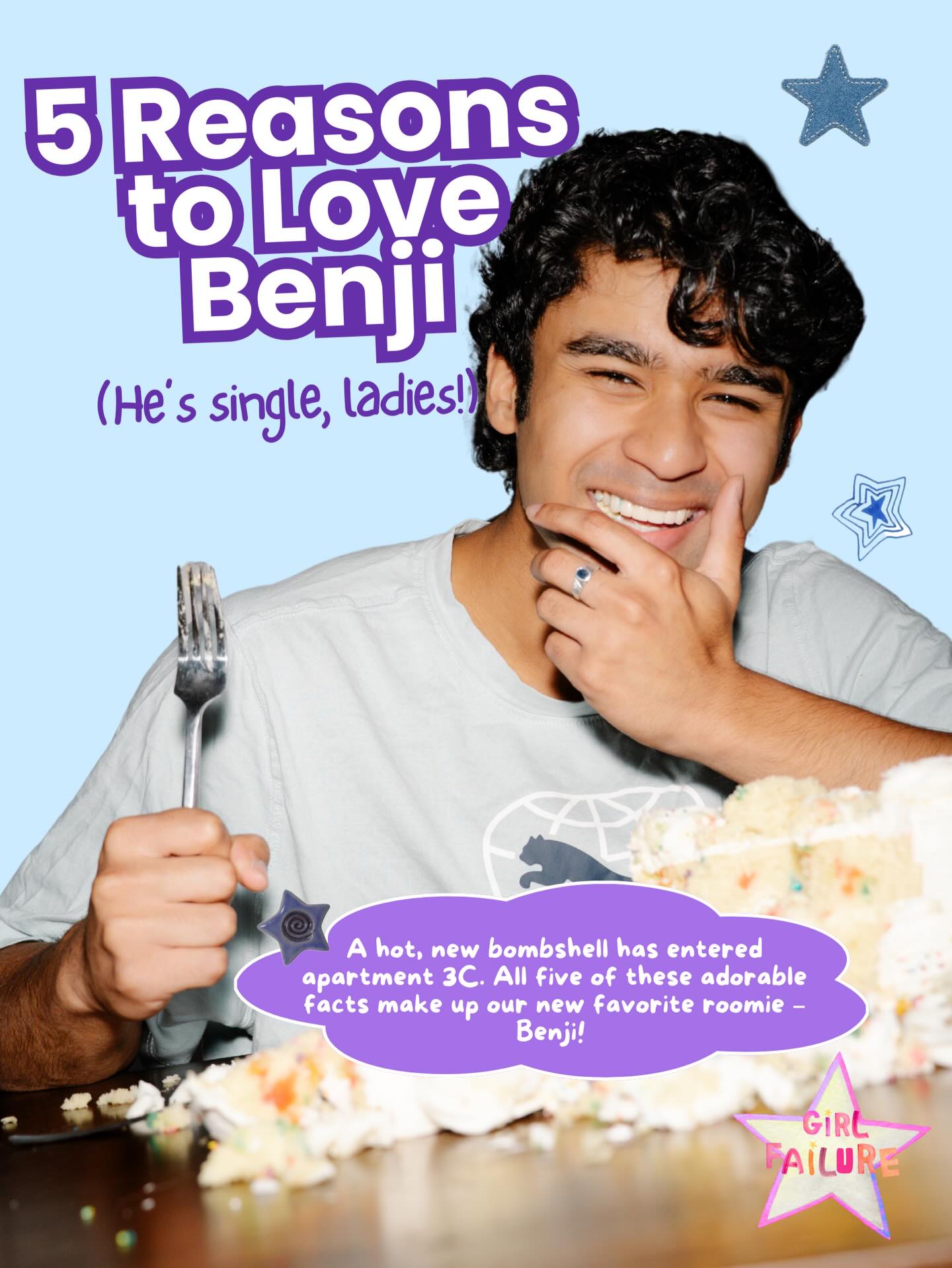 5 REASONS TO LOVE BENJI!
benji is MK and diana’s adorkable new subletter. we 🩵 him! and we know you will too!
Girl Failure: a miniseries. first two episodes now streaming on YouTube. #girlfailureshow