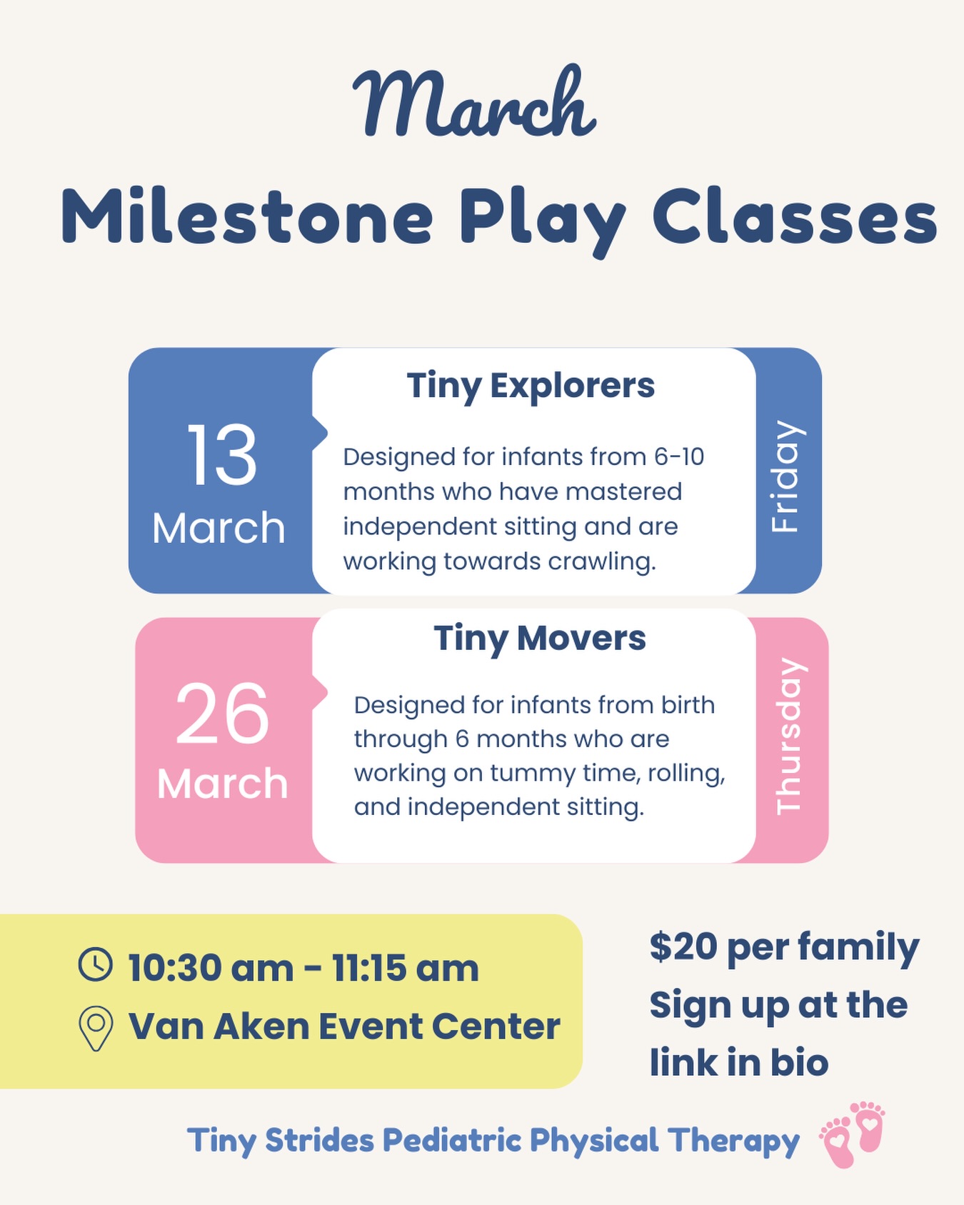 March Milestone Play Classes 🌼
Come play, move, and learn alongside your little one. I can’t wait to see you there!