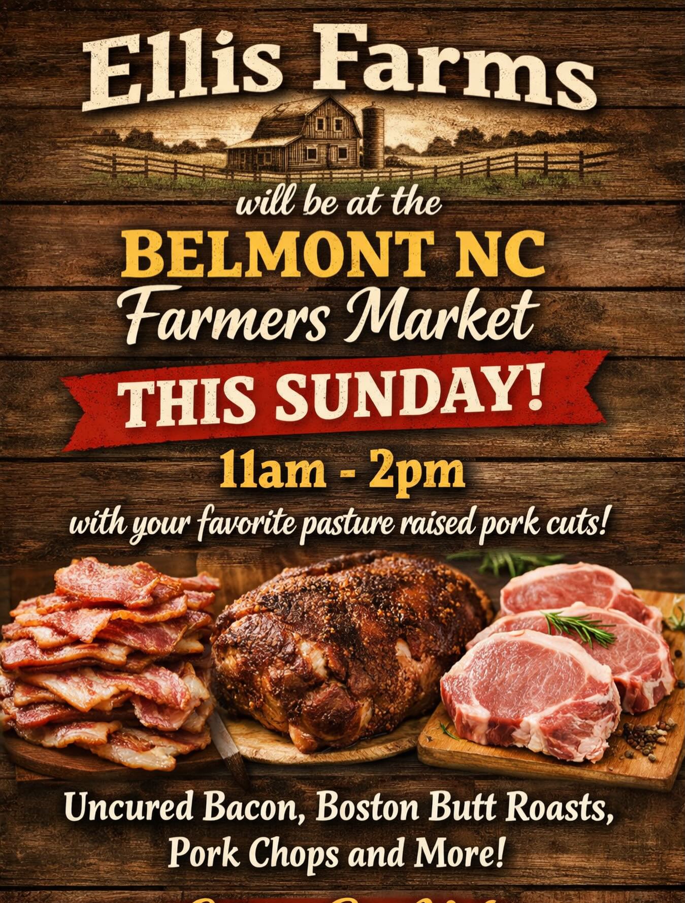 We hope to see you this Sunday in Belmont! Come grab your favorite pork cuts! 🐖 @belmontnc_farmersmarket