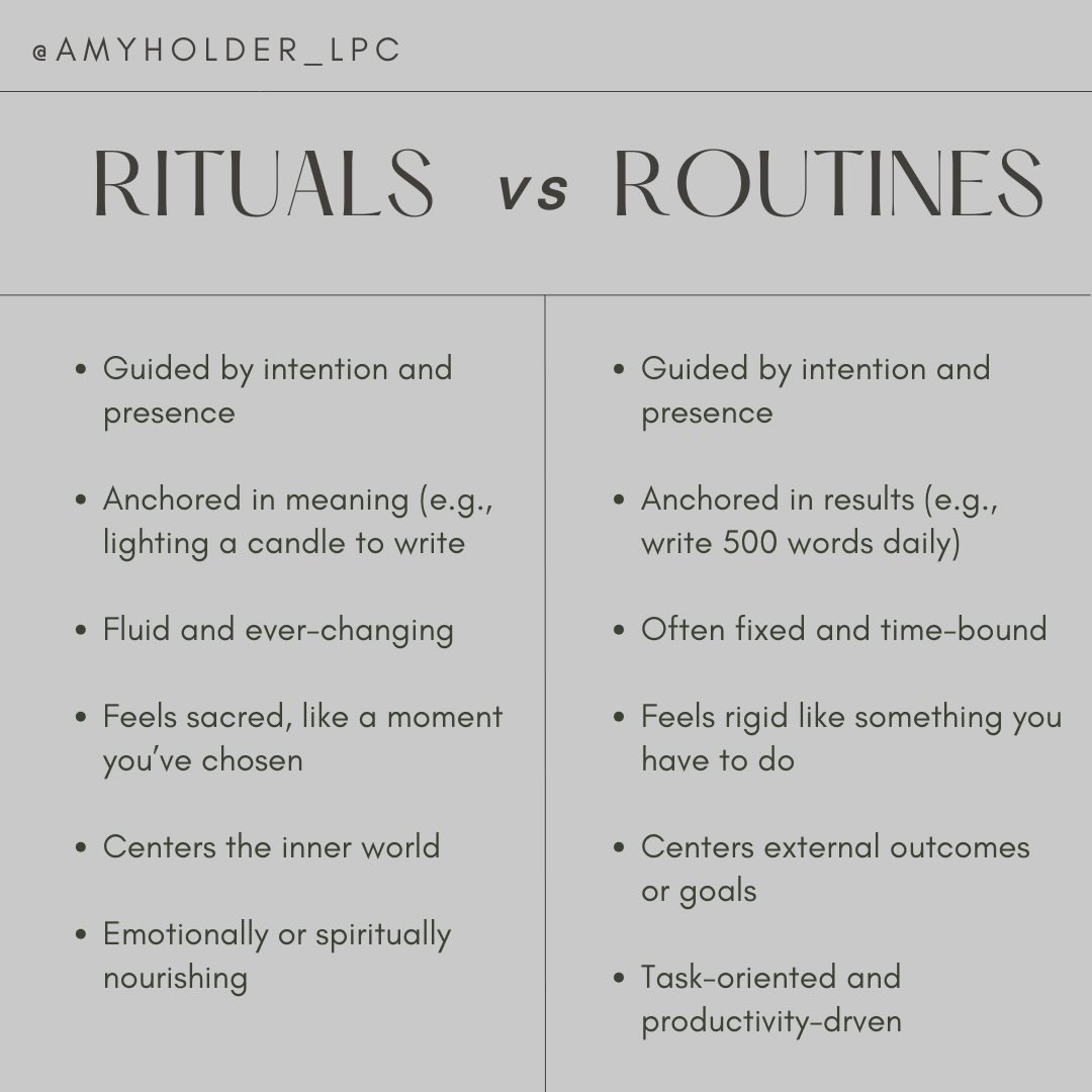 Routines ask, “What needs to get done?”
Rituals ask, “How do I want to be here?”
Routines move us toward outcomes.
Rituals bring us into presence.
One is about productivity.
The other is about meaning.
Sometimes the work doesn’t need to change— just the way we arrive to it.
#mentalhealthmatters #therapytalk #selfcare #mentalhealthawareness #mentalhealthprofessional