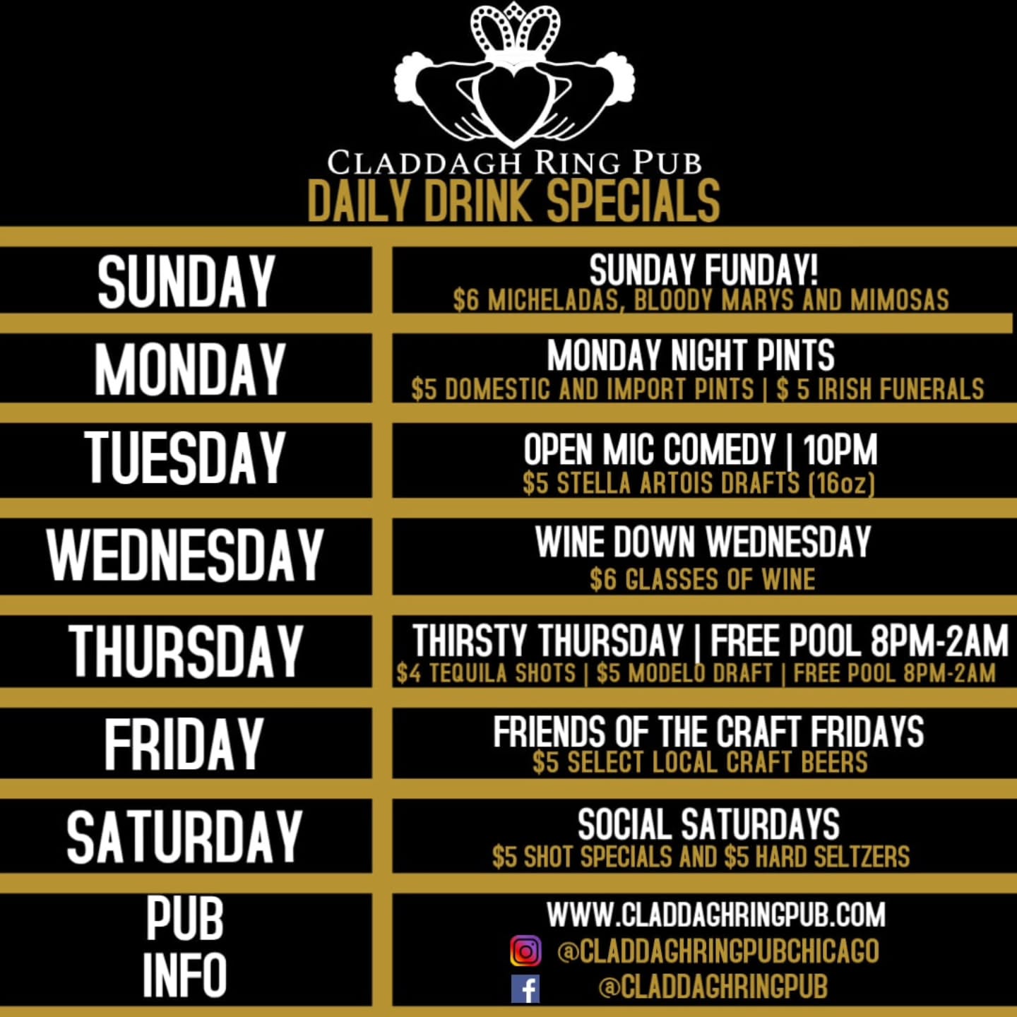 Check out our daily drink specials throughout the week 🍻