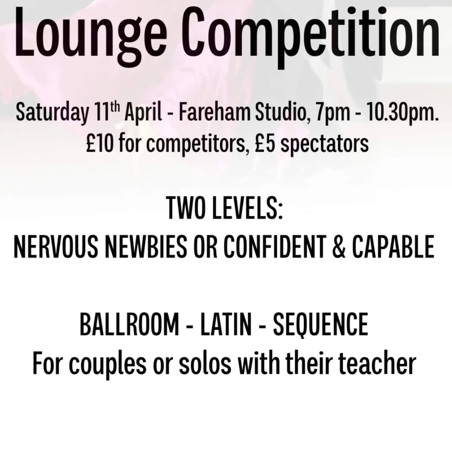 🏆 Dizzyfeet Lounge Competition 🏆
📅 Saturday 11th April
📍 Fareham Studio | 7pm – 10.30pm
Our fun, friendly in-house competition night is back!
Whether you’re stepping onto the floor or cheering from the sidelines, it’s all about great dancing, lots of encouragement and just the right amount of healthy competition.
✨ Two levels – Nervous Newbies & Confident & Capable
✨ Dance with your partner, a friend or enter teacher/student events
✨ Social dancing throughout the evening
✨ Rewards Points available
£10 competitors | £5 spectators
(No fancy costumes required!)
Go to dizzyfeet.com/events to get all the information and to book your place on the floor!
Come and join the fun 💃🕺