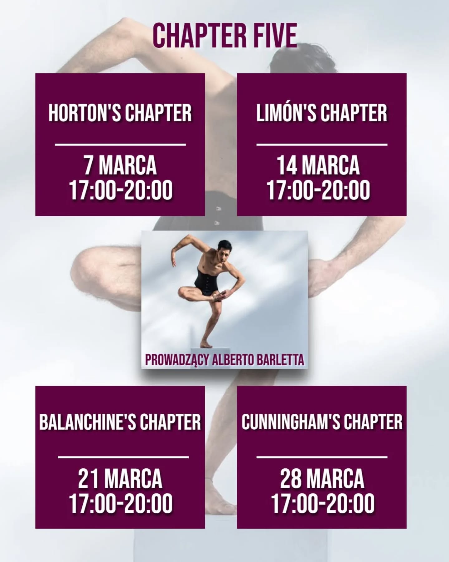 FILARY MODERNU: Masterclass dla tancerzy i instruktorów
Czy Twoje ciało zna już wszystkie odpowiedzi? Czas zadać mu nowe pytania.
Zapraszamy na intensywny cykl warsztatowy dedykowany osobom zaawansowanym, które chcą pogłębić swój warsztat o techniki, które ukształtowały współczesną scenę tańca.
Podczas 12 godzin treningu przeanalizujemy biomechanikę, dynamikę i filozofię czterech wielkich mistrzów:
▪️HORTON – wzmacnianie fundamentów, liniowość i niesamowity zasięg ciała.
▪️LIMÓN – praca z ciężarem, oddechem i siłą grawitacji (fall and recovery).
▪️BALANCHINE – neoklasyczna precyzja, ekstremalna szybkość i muzykalność.
▪️CUNNINGHAM – niezależność ruchu, izolacje i redefinicja przestrzeni.
DLA KOGO?
Projekt skierowany jest do tancerzy zawodowych, studentów szkół baletowych oraz instruktorów, którzy pragną wzbogacić swój język ruchu i metodykę nauczania.
📍 Miejsce: Szkoła Tańca Create the Art
Al. Prymasa Tysiąclecia 48A, Warszawa
💰 Inwestycja:
1 dzień 195 zł
2 dni 360 zł
3 dni 495 zł
4 dni 600zł
Zbuduj swoją świadomość na fundamentach legend.
Liczba miejsc ograniczona – decyduje kolejność zgłoszeń.
Zapisy ➡️ https://www.createtheart.pl/service-page/warsztaty-chapter-five