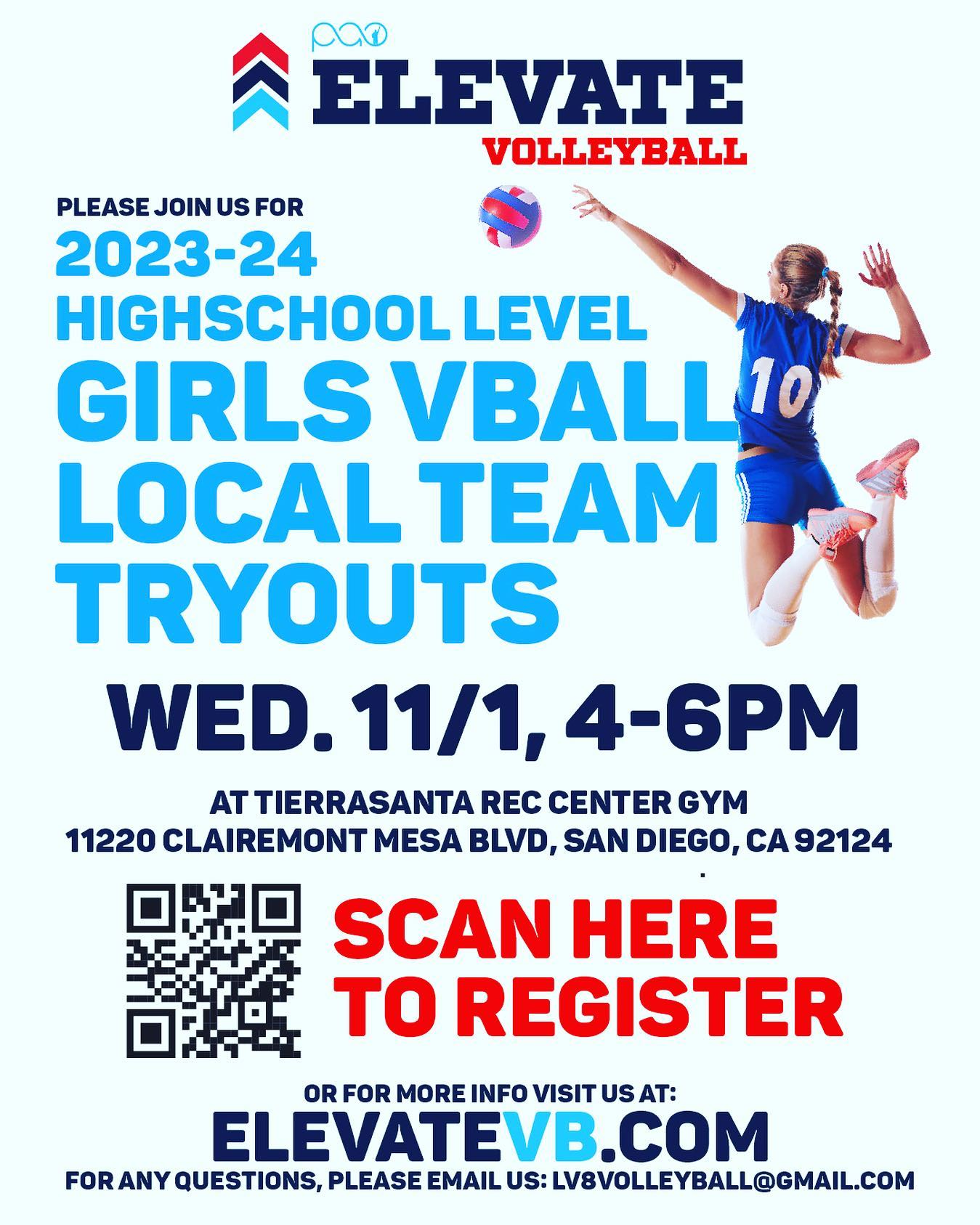 TRYOUTS ARE HERE! Please join us for the 2023-24 Elevate Girls local team tryouts next Wed 11/1 from 4-6pm at the Tierrasanta Rec Center gym.