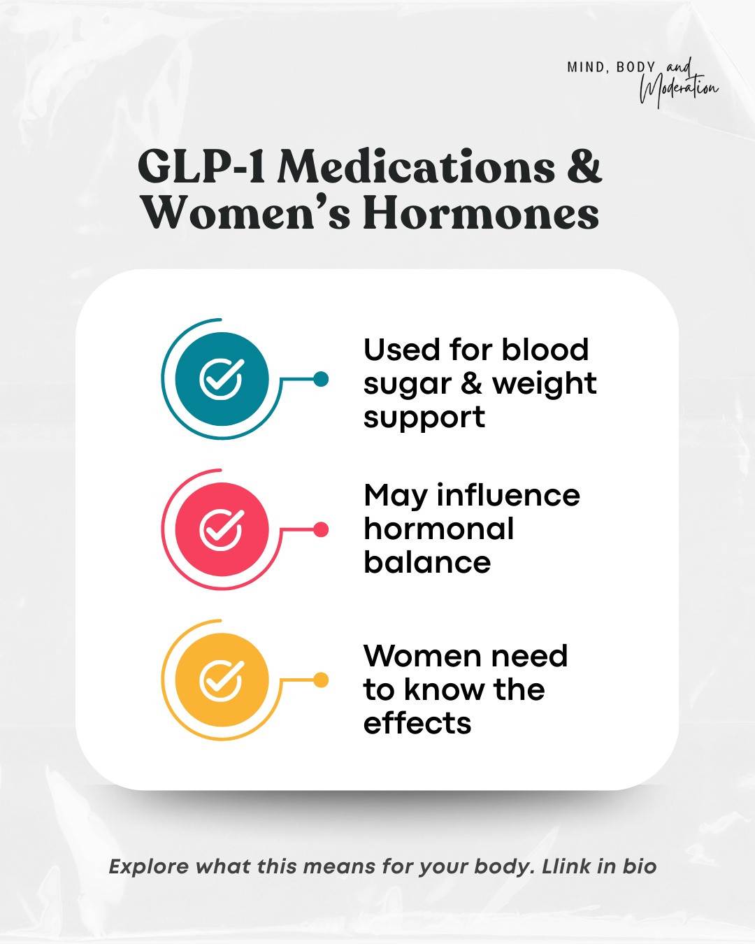 GLP‑1 medications are becoming more talked about for blood sugar and weight management, but few conversations dig into how they may affect women’s hormones — a key factor in mood, metabolism, reproductive health, and more. 🧬💡
Before starting treatment, it’s important to understand not just what these drugs do, but how they interact with your body uniquely as a woman.
👉 Read the full breakdown on our blog:
https://www.mindbodymoderation.com/post/the-hidden-impact-of-glp-1-medications-on-women-s-hormones
#GLP1 #WomensHormones #HormoneHealth #BloodSugarBalance #MindBodyModeration #WomenWellness