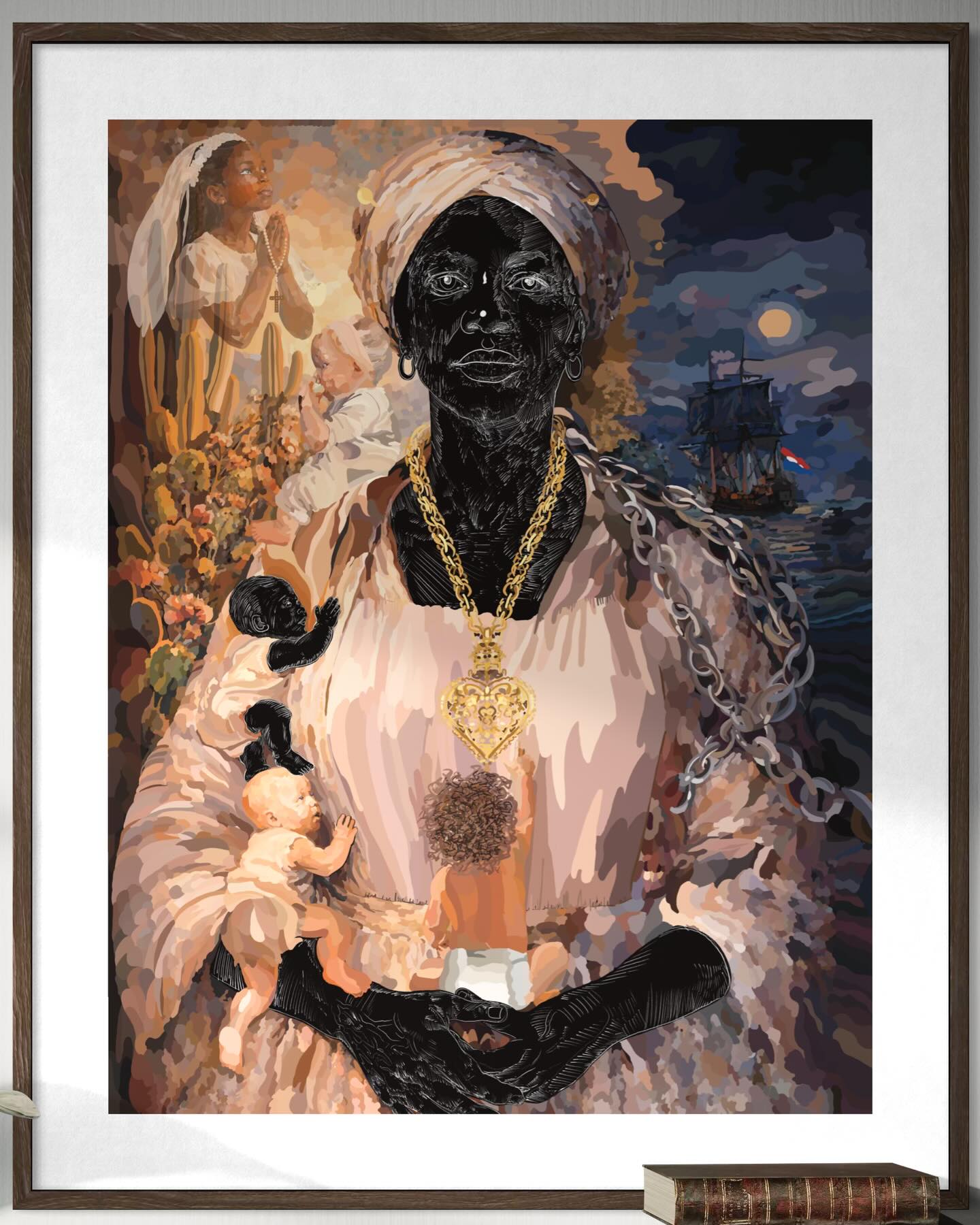 SERVISIO DI BIDA
(Zorg voor het hele leven)
Deze illustratie is gemaakt als omslag voor het boek
YAYA – eer en erkenning
door Desiree Jasmin Hooi-Martina. @djashooi
De Yaya wordt verbeeld als drager van twee geschiedenissen tegelijk: zorg en geweld. Nabijheid en verlies. Liefde en dwang.
Zij staat frontaal. Kalm. Onontkoombaar.
Geen romantisch icoon, maar een getuige.
Haar lichaam is een archief.
Op haar kleding ontvouwt zich een verfijnde borduurscène die op afstand huiselijk lijkt. Wie langer kijkt, ziet de plantage. Het systeem. De geschiedenis die letterlijk door haar heen loopt.
Over haar lichaam bewegen kinderen.
Haar eigen kind dat zij moest achterlaten.
Het bruine kind, geboren binnen een ongelijke machtsverhouding.
Het witte kind dat niet het hare was, maar wel haar verantwoordelijkheid.
Ze trekken. Ze klampen zich vast.
De baby’s klimmen over elkaar heen om haar te bereiken.
Volledig afhankelijk van haar zorg.
Dit beeld gaat niet over romantisch moederschap.
Het gaat over afgedwongen zorg.
Over onderdrukte gevoelens.
Over een vrouw die voor iedereen zorgde, terwijl haar eigen moederschap werd genegeerd of onmogelijk gemaakt.
De donkere zijde draagt sporen van dwangarbeid en ketens.
De lichtere zijde toont warmte en dagelijkse nabijheid.
Beide werkelijkheden bestaan tegelijk. In één lichaam. In één leven.
Servisio di bida romantiseert niet.
Het onthult.
Zwart is in mijn werk geen afwezigheid.
Zwart is waardigheid.
Zwart is kracht.
Zwart spreekt.
—
Frederick “Fré” Calmes
#YAYA #EerEnErkenning #ServisiodiBida #DesireeJasminHooiMartina #frecalmes