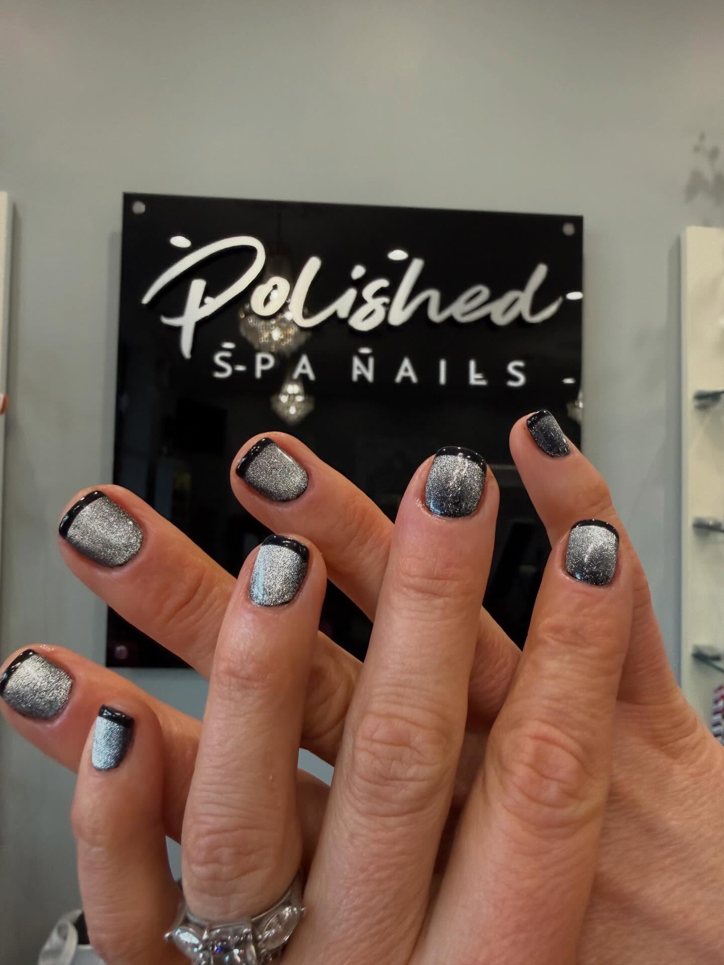 Black French Tip Nails with Silver Cat Eye base ๐ #polishedspanails #frenchnailsโค๏ธ #cateye