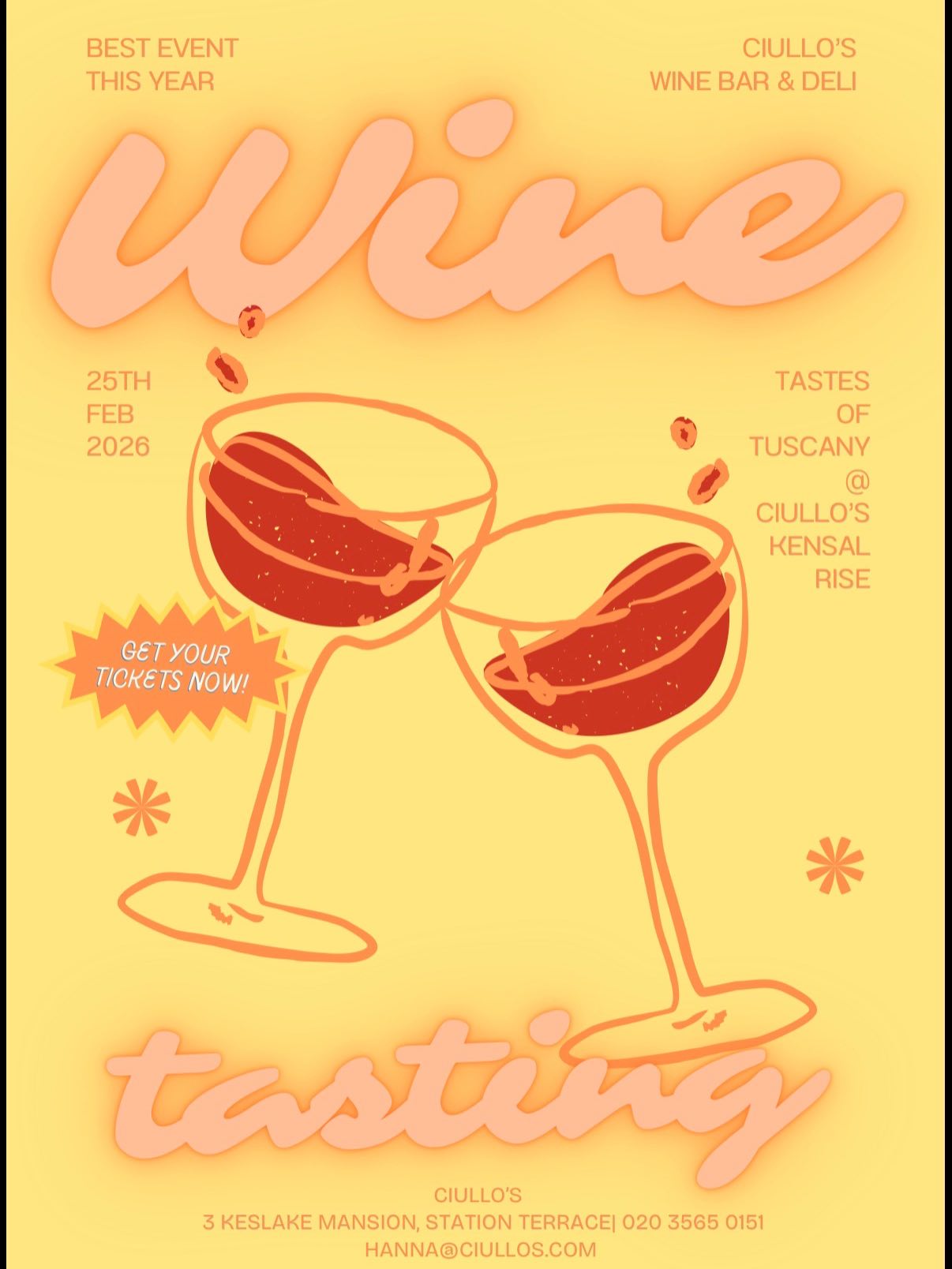 Wine lovers, this one’s for you 🍷✨
Join us on 25th February 2026 at 19:30 for an intimate evening of Tuscan wine tasting at Ciullo’s Wine Bar & Deli, Kensal Rise.
Enjoy 6 exceptional wines from Ambrogio e Giovanni Folonari Tenute, perfectly paired with a selection of aperitivo, olives and pizzette. Limited seating available.
£42 per person.
Secure your spot in store or contact hanna@ciullos.com to book. Don’t wait! once they’re gone, they’re gone.
#WineTastingLondon #KensalRise #ItalianWine #TuscanWines #LondonFoodEvents