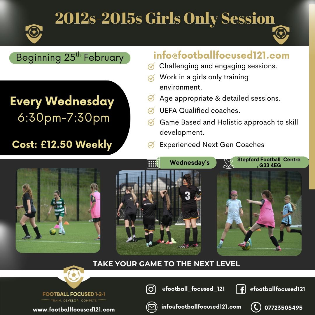 We are delighted to be opening up girls only group sessions on Wednesday 👌we have sessions to cover age groups from 2018 to 2012s.
2018s-2016s 4:30-5:30pm
2015s-2012s 6:30-7:30pm
Contact us to book a free taster session this week ✅
📍- Stepford Football Centre
🥅 - Age Appropriate & Tailored Sessions
🏴 - UEFA Qaulified Coaches
⚠️ - Sessions will be capped so register early.
Contact us at info@footballfocused121.com for more information.
#footballcoaching #121footballcoaching #footballglasgow