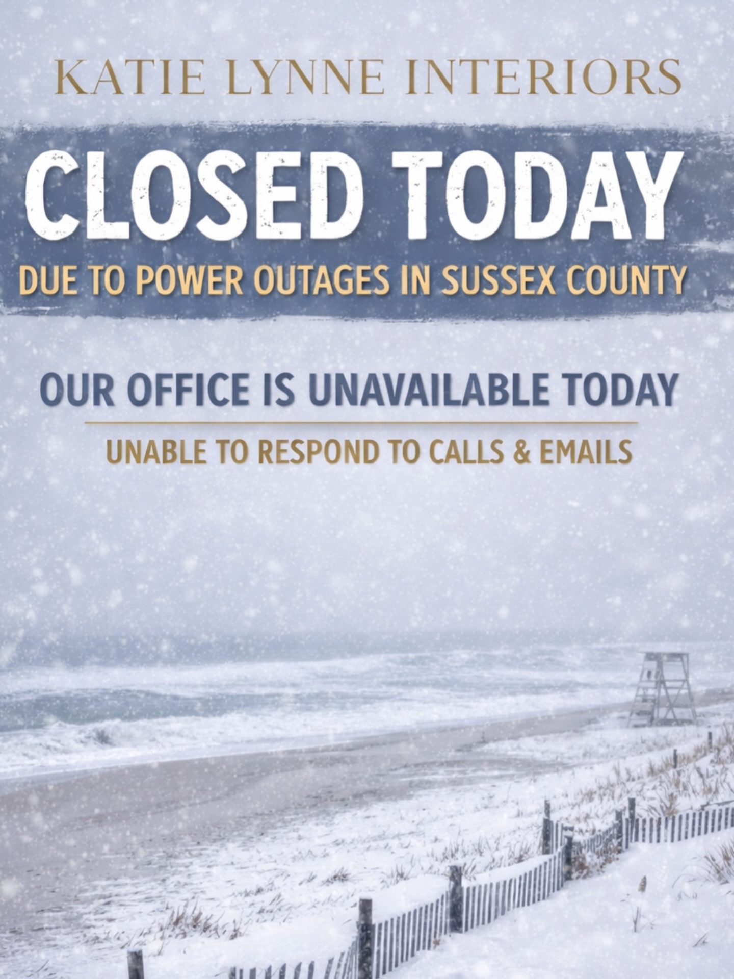 Good morning valued KLI Clients!
We are without power here in Lewes, DE - we’ll be conserving energy and prioritizing our phones for emergency purposes only until power is restored.
Stay safe! ❤️