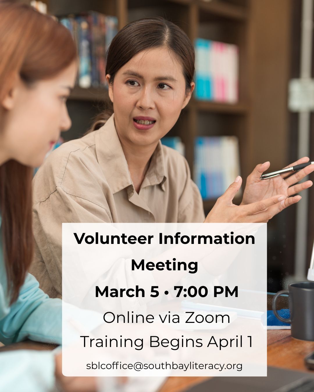 Have you ever thought about volunteering—but weren’t sure where to start?
South Bay Literacy Council is a 100% volunteer-run nonprofit based in Torrance. We help adults read, write, and speak English—for free.
If you’re curious about tutoring (online or in person), join our Volunteer Information Meeting:
🗓 March 5
⏰ 7:00 PM (Pacific)
💻 Online via Zoom
Registration is required to attend.
Our next tutor training begins April 1.
No teaching experience is required. We provide training and support.
To receive the Zoom registration link, email us at:
sblcoffice@southbayliteracy.org
Know someone who might be interested? Please share this post.
#VolunteerLA #TorranceCA #AdultLiteracy #ESLTutor #SouthBayLA