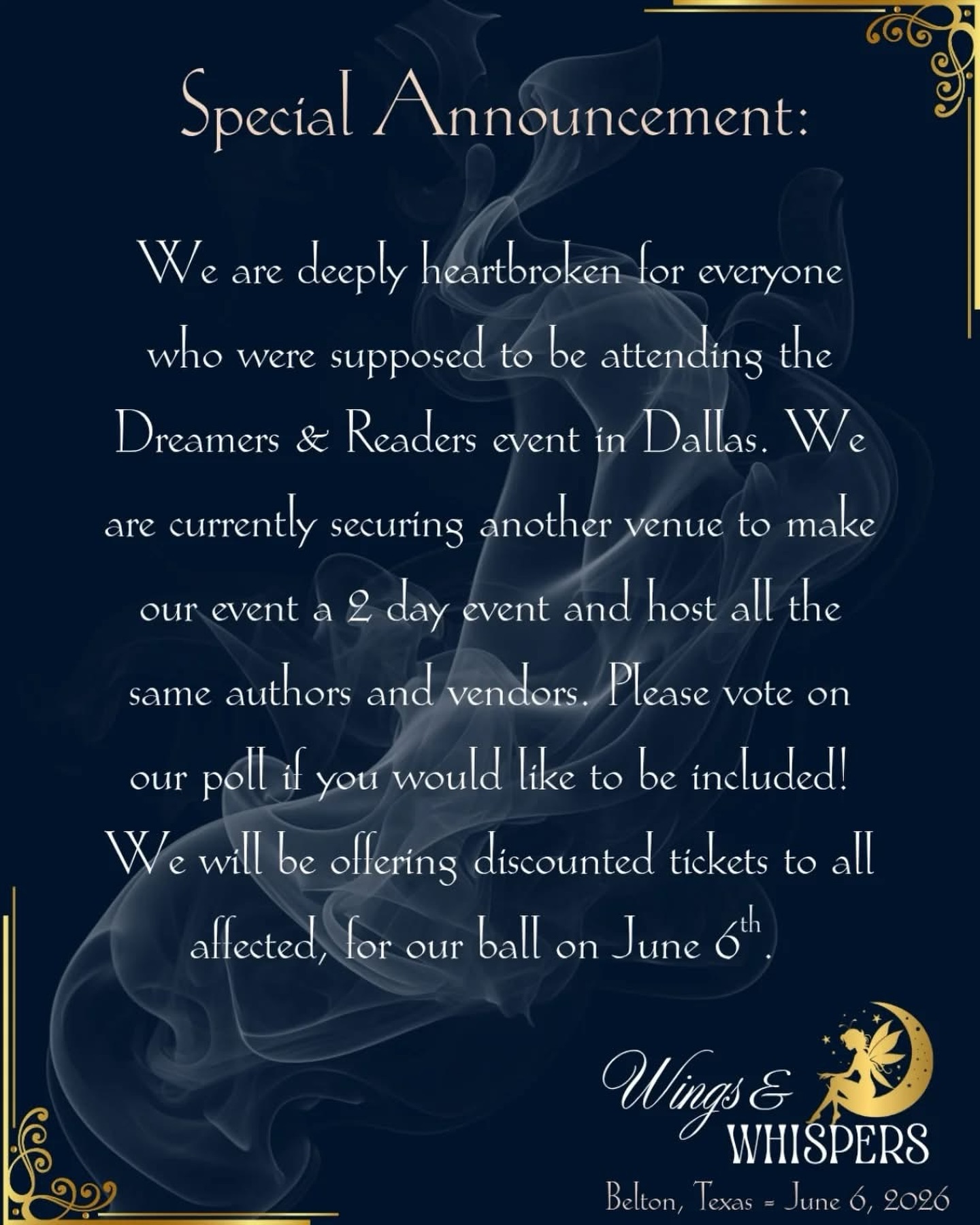 Please share! It’s a small drive from DFW, but the doors are open to anyone displaced by the devastating last minute cancellation of this event!