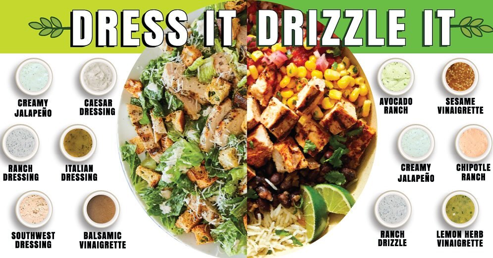 Here is our NEW DRESS IT or DRIZZLE IT List for you to choose from!💚🙌 @crossovertexas @thefieldhousetexas
#summerblends #summerblendscafe #dressit #drizzleit #salads #bowls #burritos #healthy #healthyfood #healthiswealth
