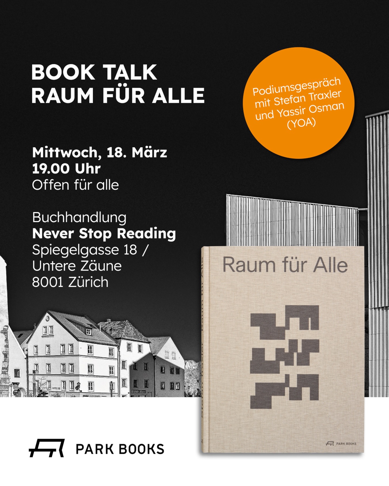 Book Talk mit Stefan Traxler und Yassir Osman bei Never Stop Reading!
📅 Mittwoch, 18. März
🕖 19 Uhr
📍 Spiegelgasse 18 / Untere Zäune, 8001 Zürich
«Raum für Alle» befasst sich mit der theoretischen Entwicklung einer kleinen Idealstadt. Anhand von Analysen vorhandener Siedlungsstrukturen, mittels gebauter Projekte, im Kern aber mit dem Modellaufbau eines fiktiven Stadtmodells, überprüft Autor Stefan Traxler, ob ein Hybrid aus dörflichen und städtischen Genen dem erhofften Idealbild näherkommt. Er gibt darin sein Erfahrungswissen aus Jahrzehnten praktischer Arbeit weiter. Und formuliert 14 Thesen zur Architektur, in denen es um ein Hauptanliegen der heutigen Zeit geht: Eine reale Utopie für die gebauten Lebensräume der Zukunft zu entwickeln. Für die Grossstadt, das Dorf oder auch für die Kleinstadt, deren Potenzial als städtebauliches Modell oft unterschätzt wird.
Die Arbeit des Frankfurters ist aber auch ein Appell an die Verantwortung von Architektinnen und Architekten, deren Wirken wie bei wahrscheinlich keiner anderen Berufsgruppe einen direkten Einfluss auf die Stimmungen, die Gesundheit, das Sozialleben und die Lebensqualität von Menschen hat.
Zum Buch gehören zahlreiche Abbildungen – Schwarzpläne, Fotos, Zeichnungen, Freihandskizzen und Modelle – welche die Vermittlung des Gedachten und Geschriebenen unterstützen und es begreifbar und nachvollziehbar machen.
An der Vernissage wird es ein Podium mit Stefan Traxler und seinem Zürcher Berufskollegen Yassir Osman geben.
***
Eine Veranstaltung des Verlags Park Books und Never Stop Reading, anschliessend Buchverkauf und Apero. Der Eintritt ist gratis.
@traxler4840 @wtr_architekten @neverstopreading_zh
#zürichevent #parkbooks #neverstopreading #raumfueralle #stefantraxler