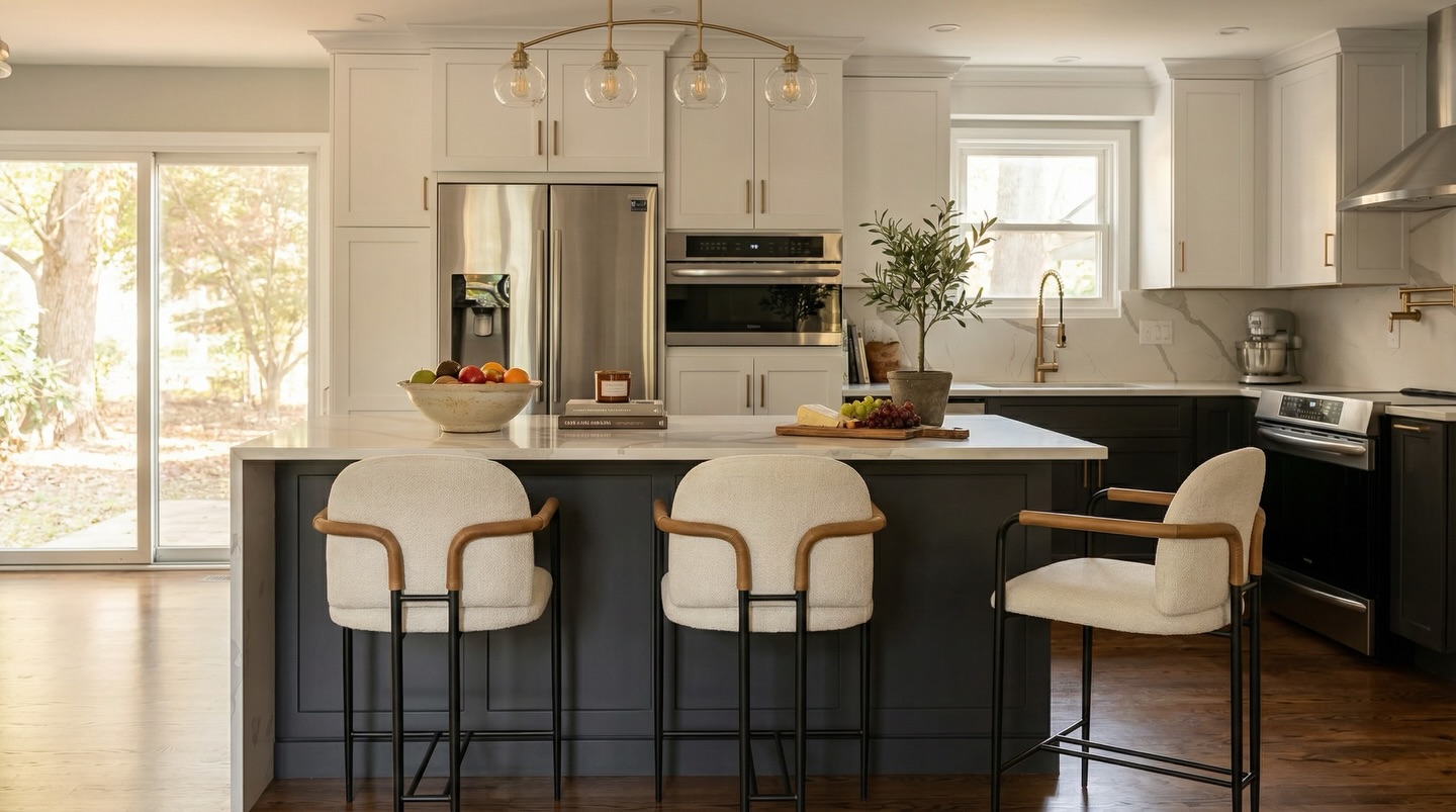 Another project we love 🤍
Crisp white cabinetry, a bold dark island, and warm brass accents came together to create a clean, timeless kitchen. Bright, functional, and perfect for everyday living. 😊