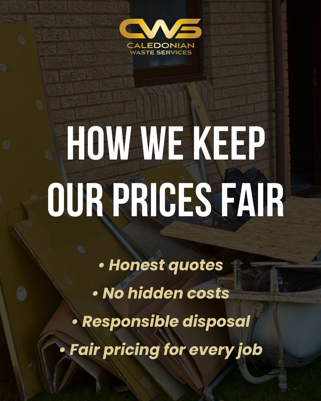 We believe fair prices come from doing the job properly.
No hidden costs. No shortcuts. Just honest waste removal you can rely on.
#localwasteremoval #licensedcarrier #edinburgh #fairprices #wastemanagement #trustedservice #responsiblewaste #caledonianwasteservices