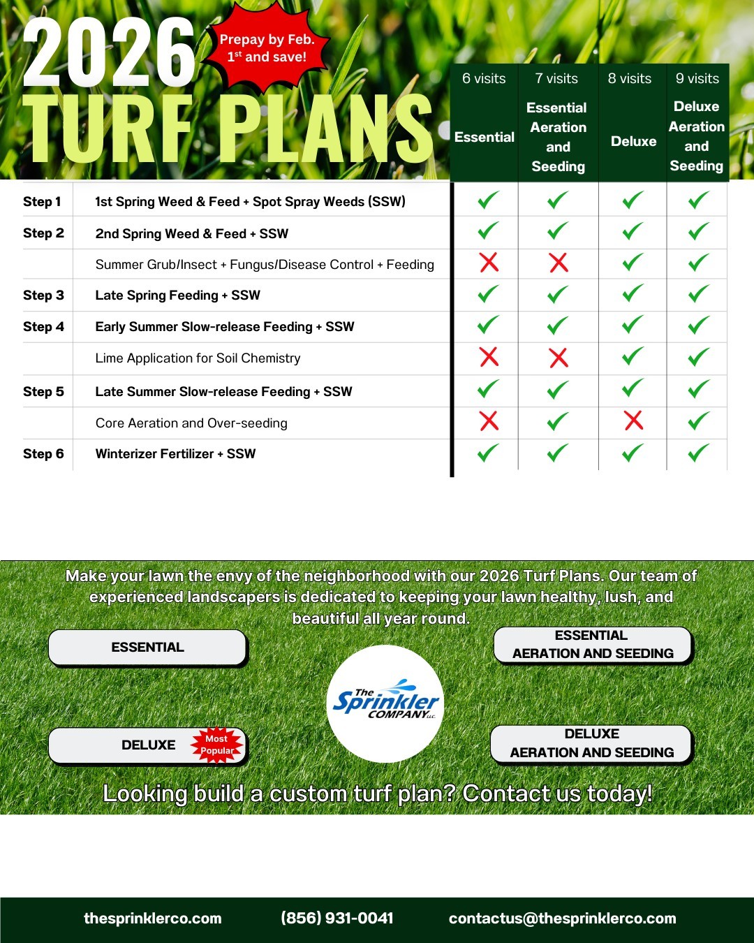 🌱 Now Is the Perfect Time to Plan Your 2026 Lawn 🌱
A great lawn doesn’t happen overnight, it starts with a smart plan.
Right now is the ideal time to lock in your 2026 turf plan, choose the level of care that fits your lawn, and get ahead of weeds, insects, and soil issues before the season begins.
✔ Customized treatment plans
✔ Proven seasonal applications
✔ Healthier, greener turf all year long
📅 Prepay by February 1st and save!
Let’s build a turf plan that keeps your lawn looking its best in 2026.
Learn more here 👉www.thesprinklerco.com/turf-plans
#LawnCare #TurfPlans #GreenerGrass #TheSprinklerCompany