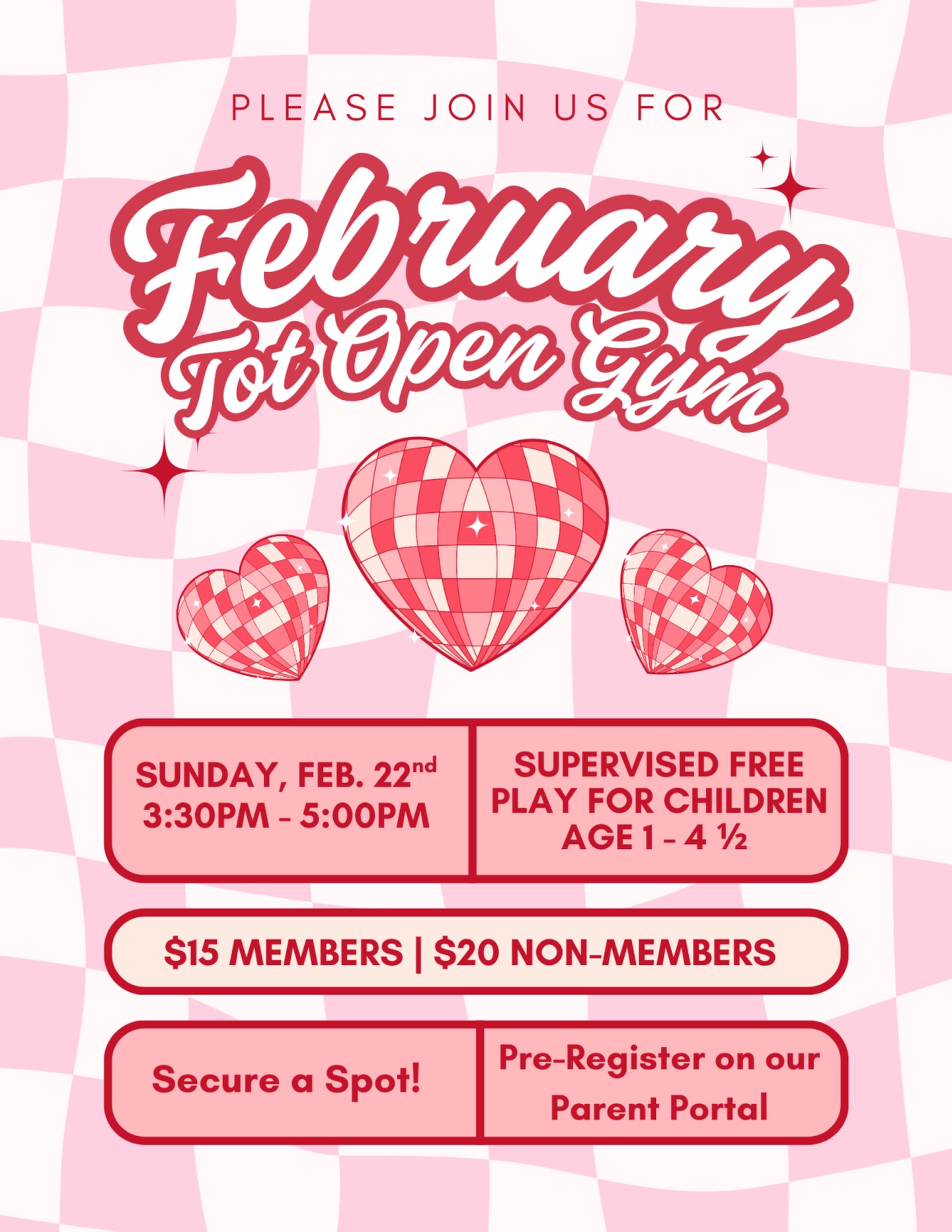 ✨ February Tot Open Gym ✨
Got a little one who loves to move, play, and explore? 👶🤸♂️ Bring them to our Tot Open Gym!
Ages 1 – 4½ can enjoy:
🌟 Open play on age-appropriate gymnastics equipment
🌟 Soft mats, obstacles & movement stations
🌟 A relaxed, fun space for tots & caregivers
🌟 Confidence-building + energy-burning fun!
📅 Sunday, Feb 22 | ⏰ 3:30–5:00pm
📍 Premier Gymnastics
💲 Members $15 | Non-Members $20
👟 Bring comfy clothes & a grown-up to join the fun!
⚠️ Spots are limited — register in advance to secure your spot!
#TotOpenGym #LittleGymnasts #ActiveKids #PremierGymnastics #PlayLearnGrow