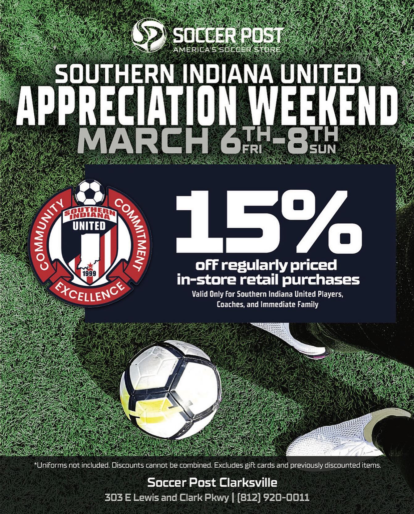 ⚽️ SIU Appreciation Weekend ⚽️
Southern Indiana United players & families receive 15% OFF regularly priced in-store retail purchases
🗓 March 6–8
📍 Soccer Post Clarksville
Perfect time to stock up on cleats & training gear 🙌
❤️🤍💙 #SouthernIndianaUnited #SIUSoccer #SoccerSeason